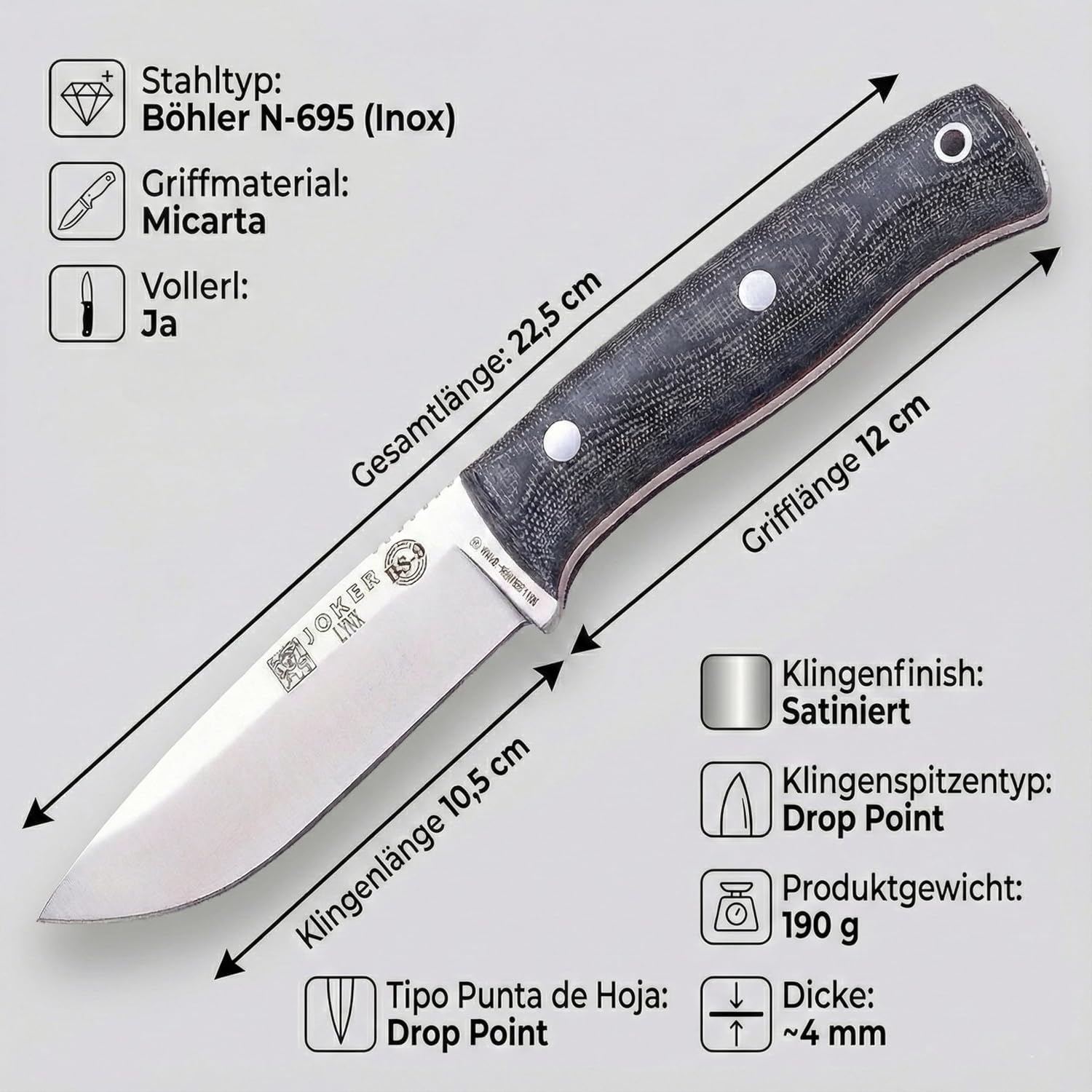 Joker Survival Knife Lynx CM111-K, micarta canvas handle with red separator, 4.13 inches blade of Böhler N695, Kydex sheath, Tool for fishing, Hunting, camping and hiking