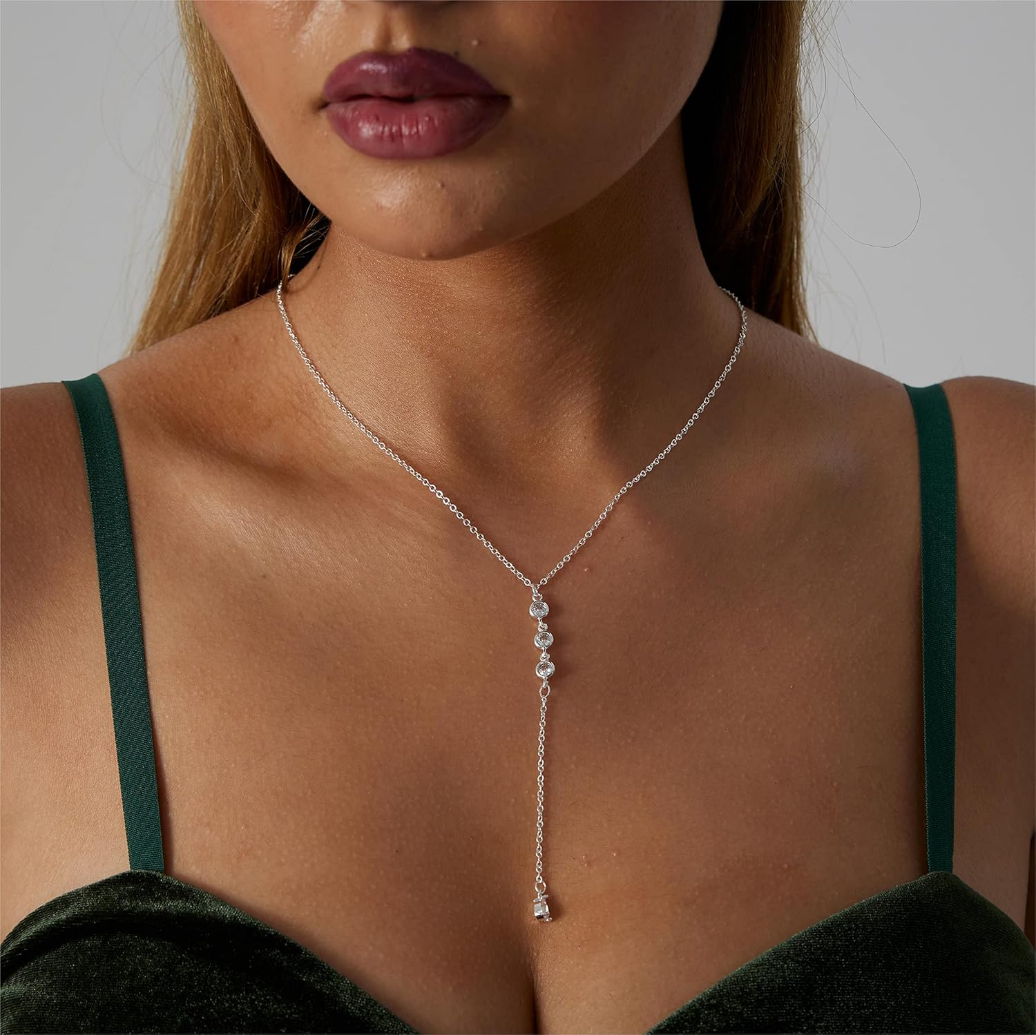 VIROMY Dainty Y Necklace for Women Trendy Lariat Long Gold Necklace 14k Gold Plated Round zircon Drop Simple Handmade Tiny Flat Water Drop Lace Lip Chain Y-Shaped Chain Necklace Women Jewelry Gift - Image 3