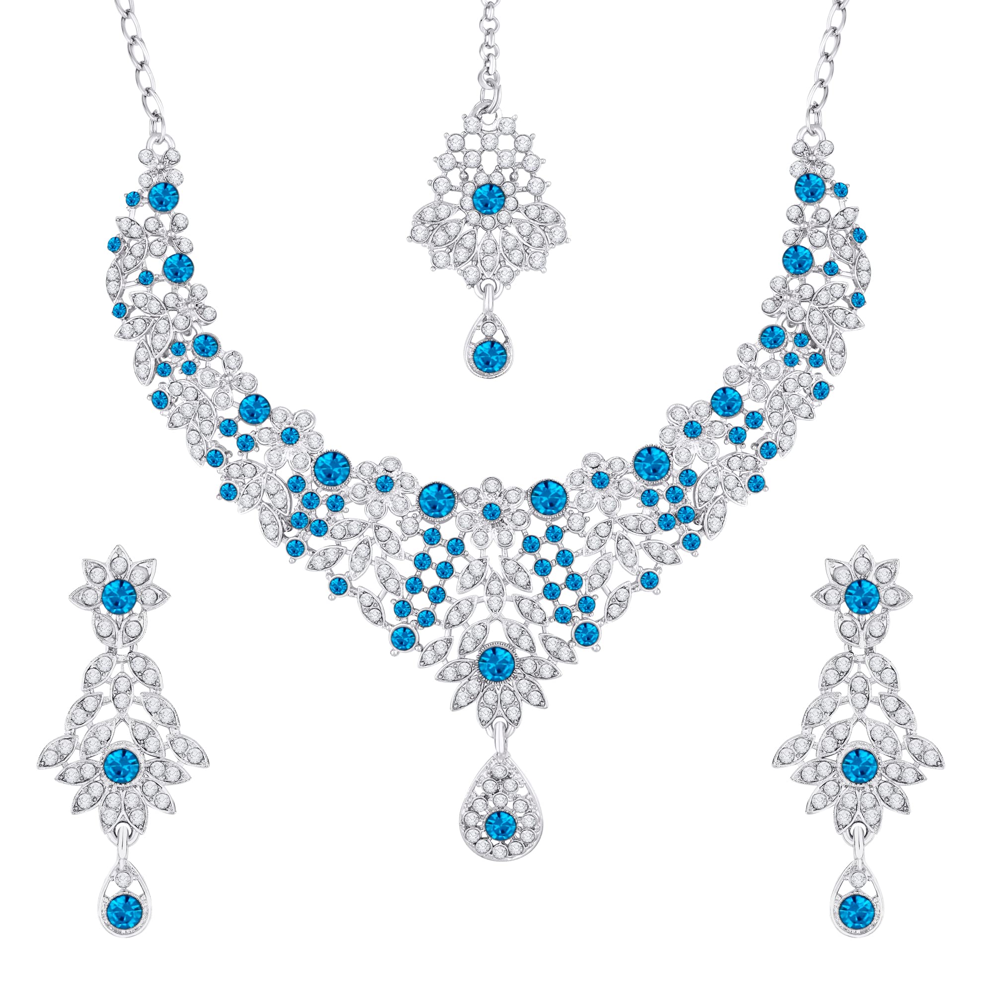 Atasi International Blue Crystals Silver Plated Alloy Party Wedding Occasion Wear Necklace Set with Earrings and Maang Tikka For Women (RF5391) (B09Z9B82FJ) Amazon Price History, Amazon Price Tracker
