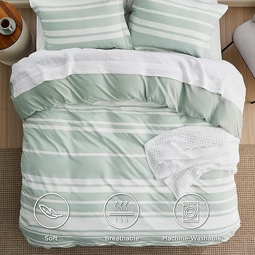 Miniatura 3 de Bedsure Funda de edredón tamaño Queen a rayas verde salvia, funda de edredón supersuave teñida catiónica para niños con cierre de cremallera, 3