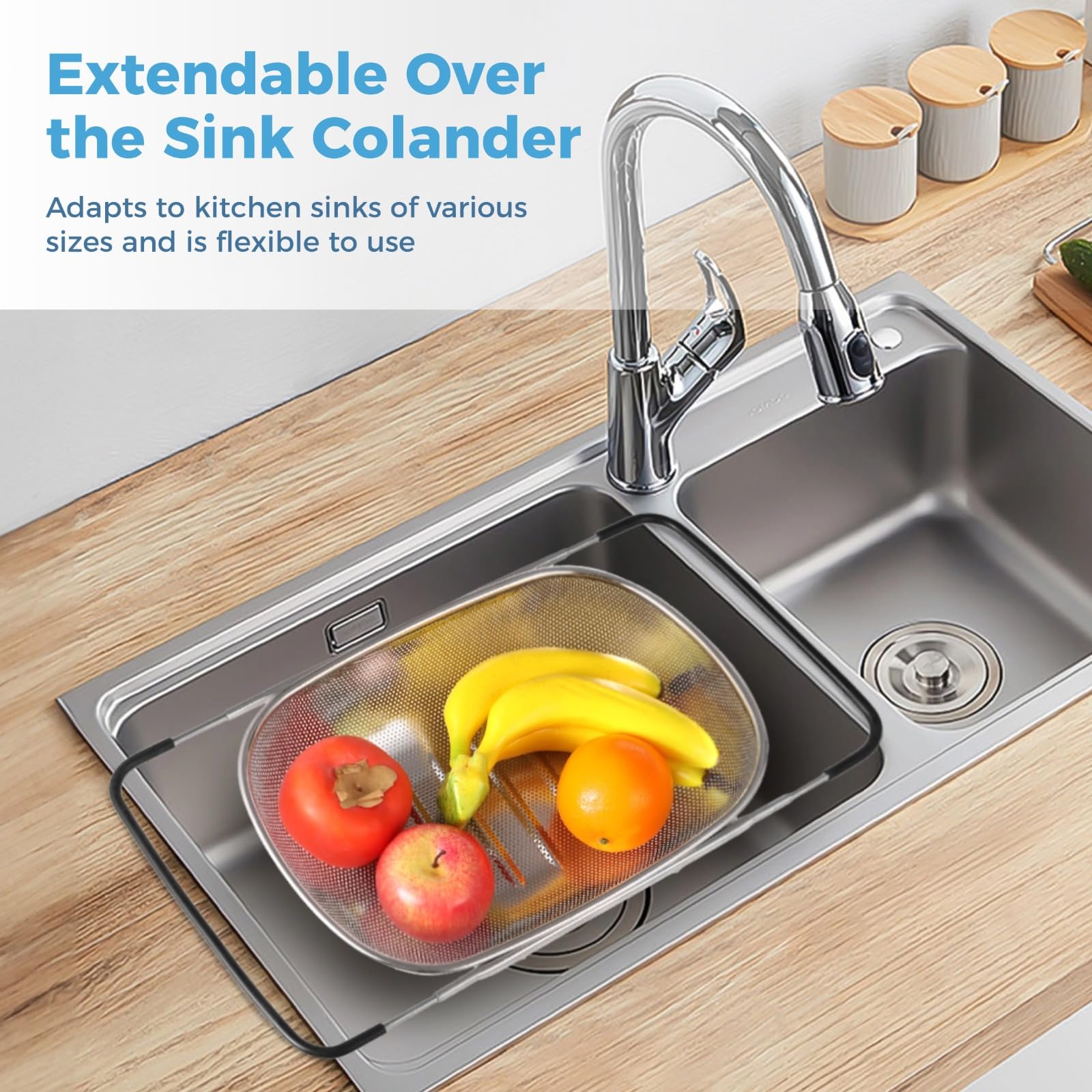2 coladores sobre el fregadero, coladores y coladores para fregadero de cocina con asas expandibles, colador de acero inoxidable, colador de pasta y verduras y frutas