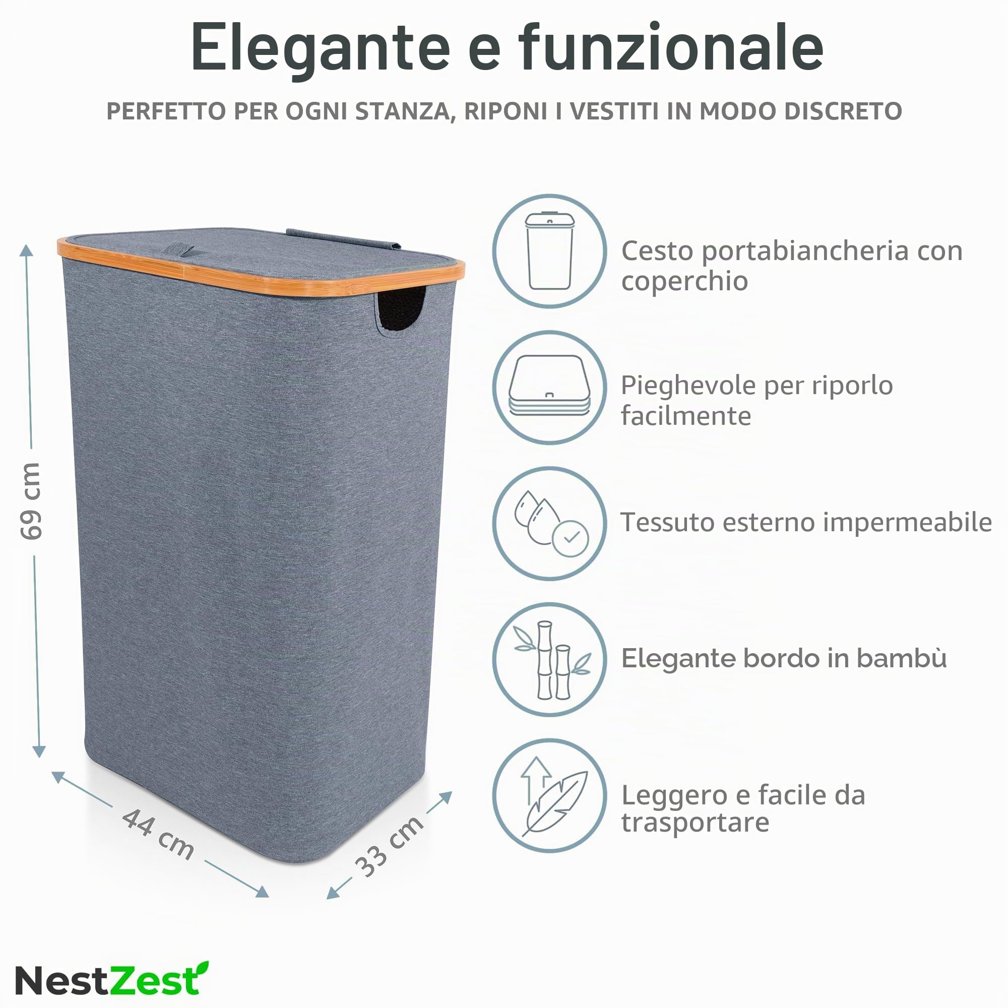 Nest Zest - Cesto portabiancheria doppio da 100L con coperchio, 2 scomparti per ordinare il bucato, cesto portabiancheria con guida per la cura e 2 sacchetti interni rimovibili, cesto per vestiti