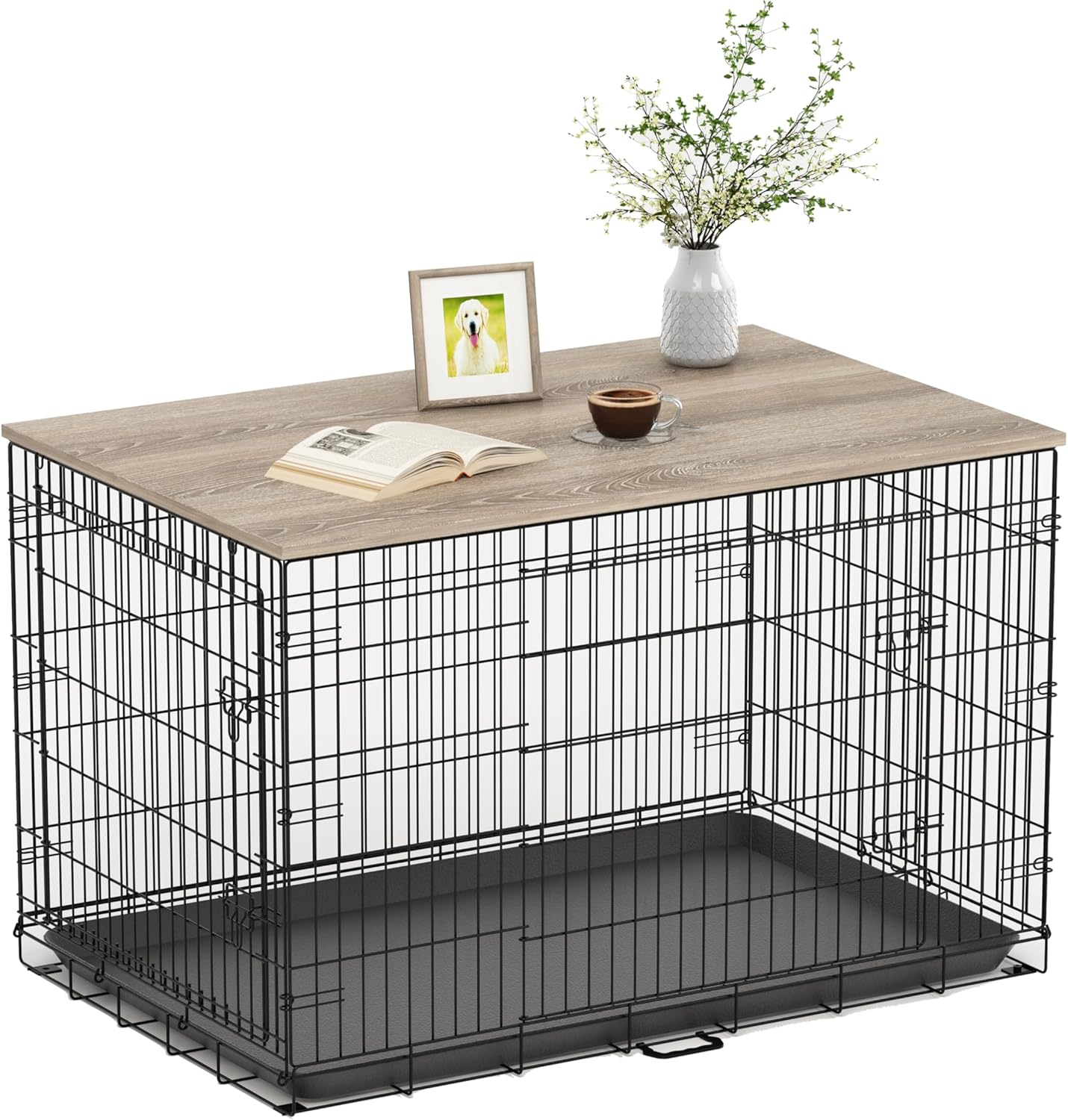 Piskyet Dog Crate Topper Wood Countertop for 48 42 36 30 24 inch Dog Cage, Dog Crate Cover,Dog Kennel Topper(Crate Not Include) (Grey, for 48 Inch Crate) For 48 Inch Crate Grey