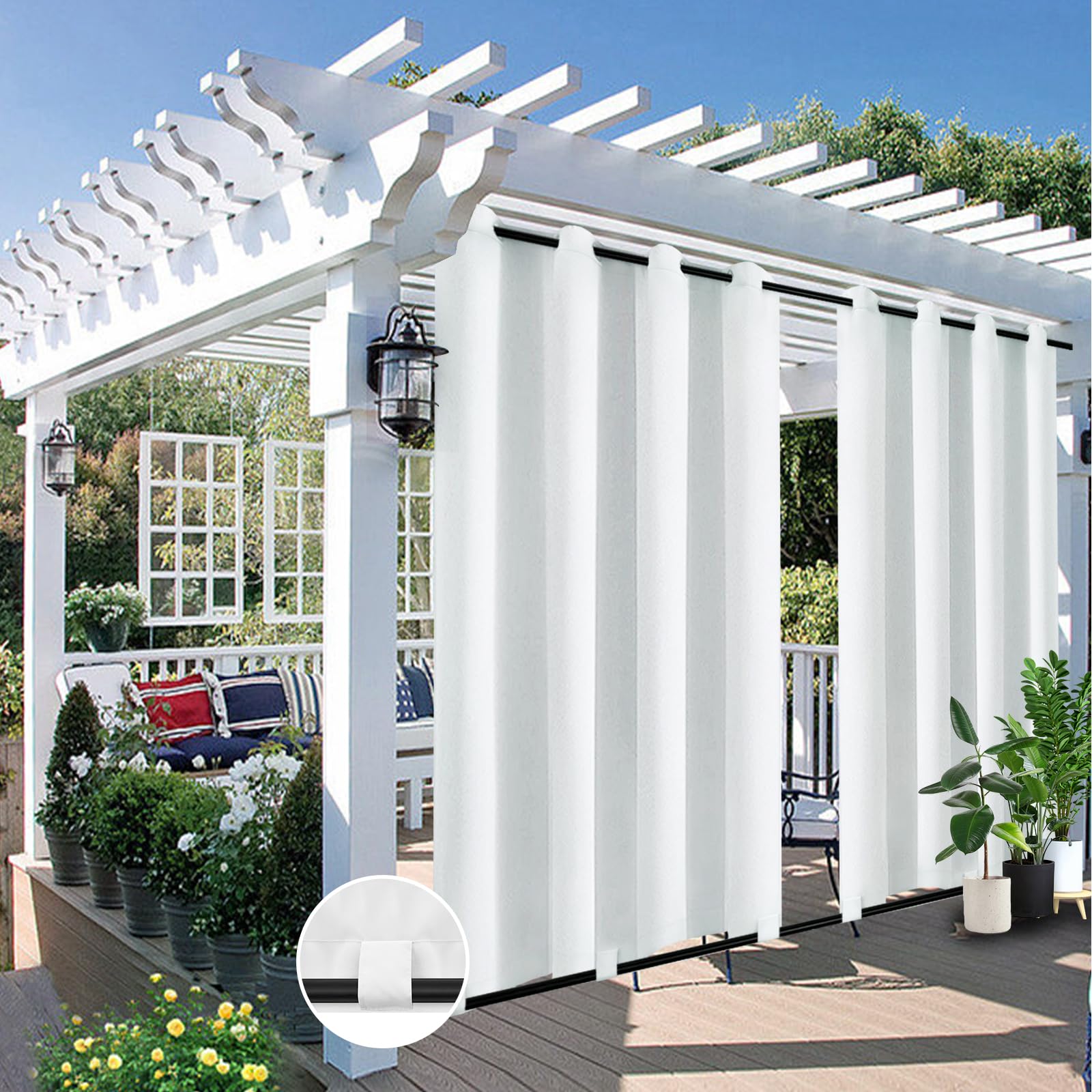 Qelus Outdoor Curtains Waterproof 2 Panels Pack, Gazebo Pergola Curtains W52''xH84'', Windproof Thermal Insulated Outdoor Curtain Drapes Anti-snag for Garden Patio Eyelets Top Rod Pocket Bottom,White