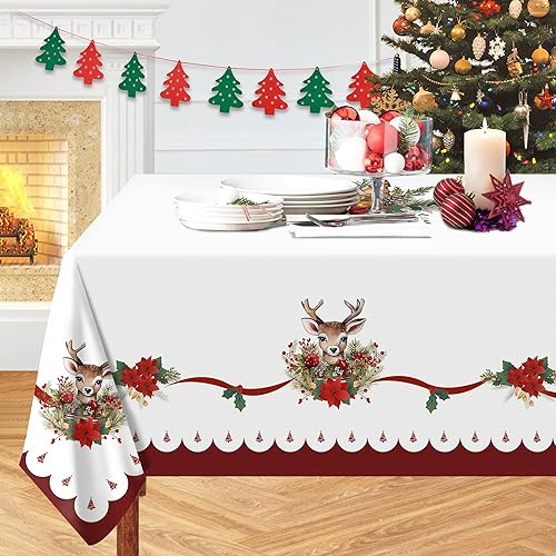 Erweicet Mantel de Navidad rectangular de 59 x 87 pulgadas, decoración de mesa de Navidad de poliéster blanco impreso de Navidad para cena de