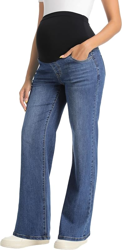 V VOCNI Maternity Jeans Straight Leg Pregnancy Wide Leg Denim Pants | Stretchy Denim, Over Bump Support, Pockets, Loose Fit, Pregnancy Pants for Work, Trendy Spring Fall Maternity Clothes