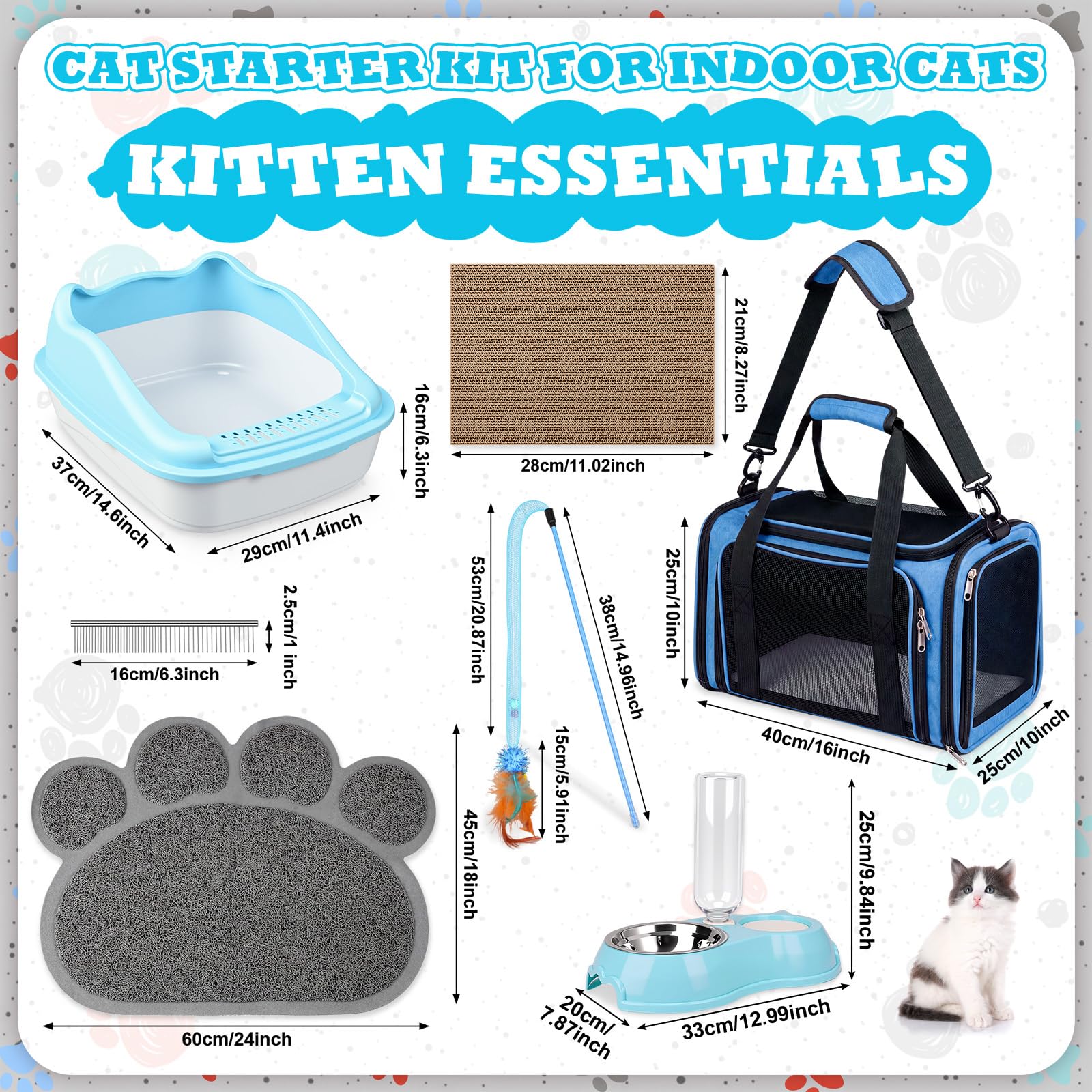 8-teiliges Starter-Set für Kätzchen, Katzen-Kätzchen-Starter-Set, enthält Katzentoilette, Matte, Schalen, faltbare Tragetasche, Kratzunterlage, Zubehör für Willkommensgeschenk (blau)