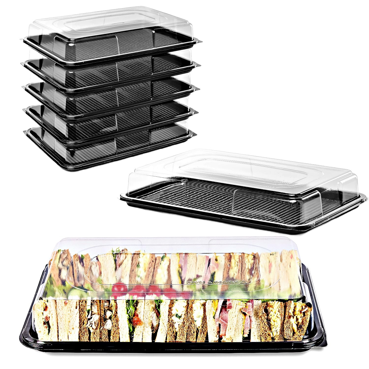 Caterline 10 Large (450mm x 310mm) Reusable Plastic Sandwich Platters & Lids. Serving Trays for Events & Catering