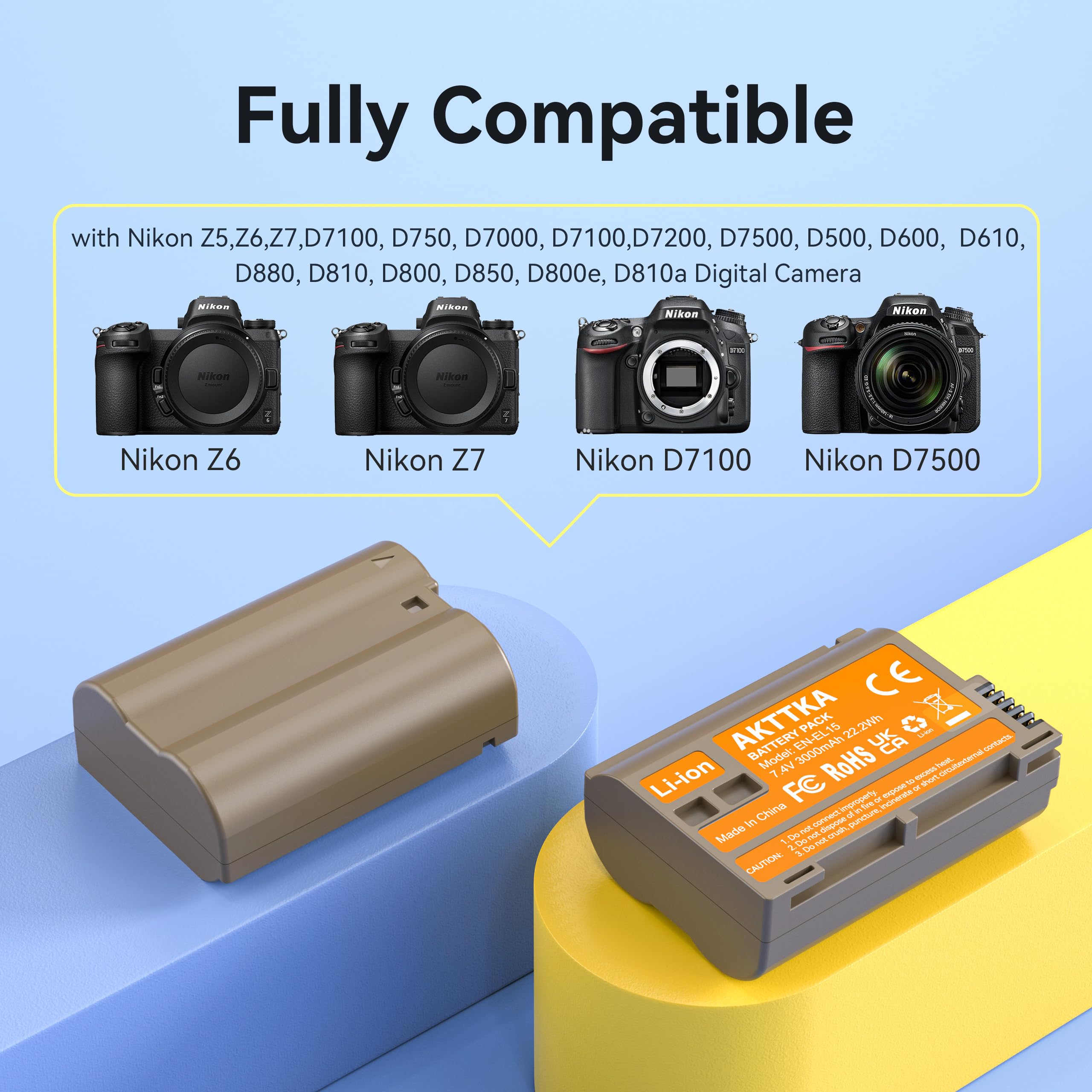 EN-EL15/EN-EL15c Accu met 2400 mAh capaciteit en Slimme LED-Indicator Compatibel met Nikon D7100 D750 D7000 D7200 D610 D880, D810 D800 D600 D800e D810a Z5 Z6 Z7 Digitale Camera - 2 stuks