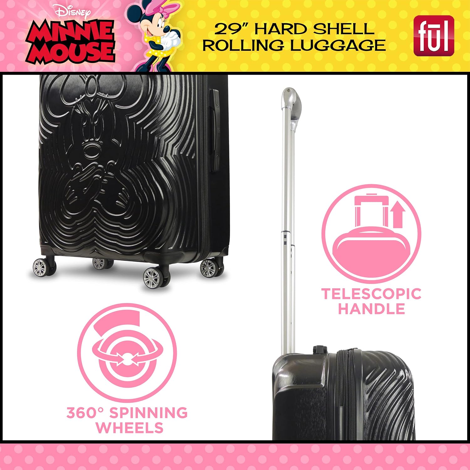 FUL Disney Minnie Mouse 21 Inch Carry On Luggage, Molded Hardshell Rolling Suitcase with Spinner Wheels, Rose Gold