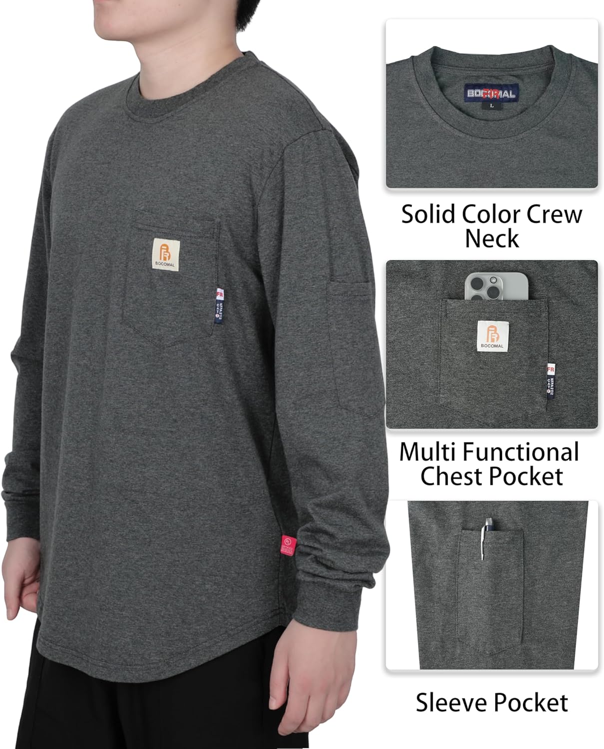 BOCOMAL Men's FR Shirts 6oz Midweight Crew Neck Long Sleeve Shirt Fire Retardant Soft Workwear