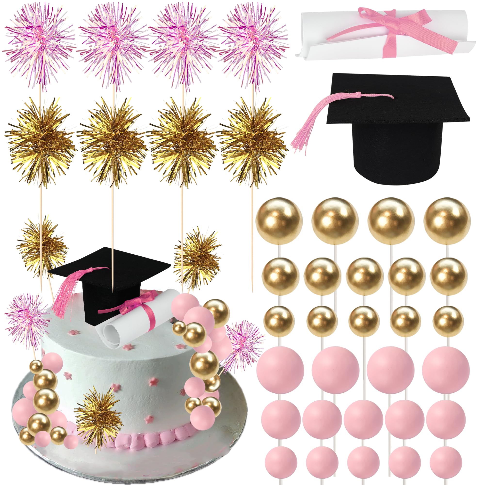 Xsstarmi 42 Pack Graduation Cake Topper Decoration Set with Firework Pink Gold Balls Cake Pick for Diploma Done Congrats Grad Theme Party Cake Decoration