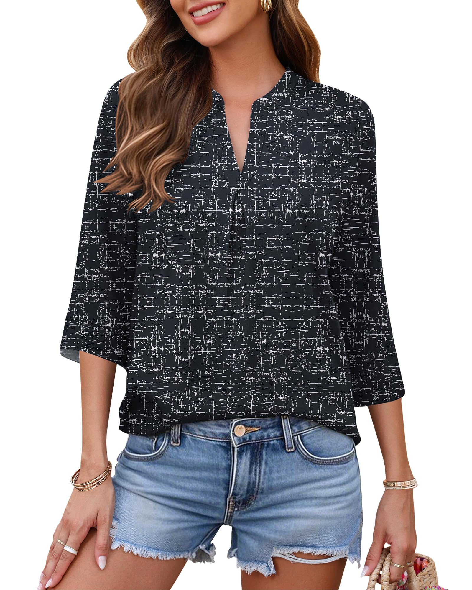 WNEEDU Chemise Femme à Manche 3/4 Col V Tee Shirt Long Base Chemisier et Blouses Chic et Élégant Haut