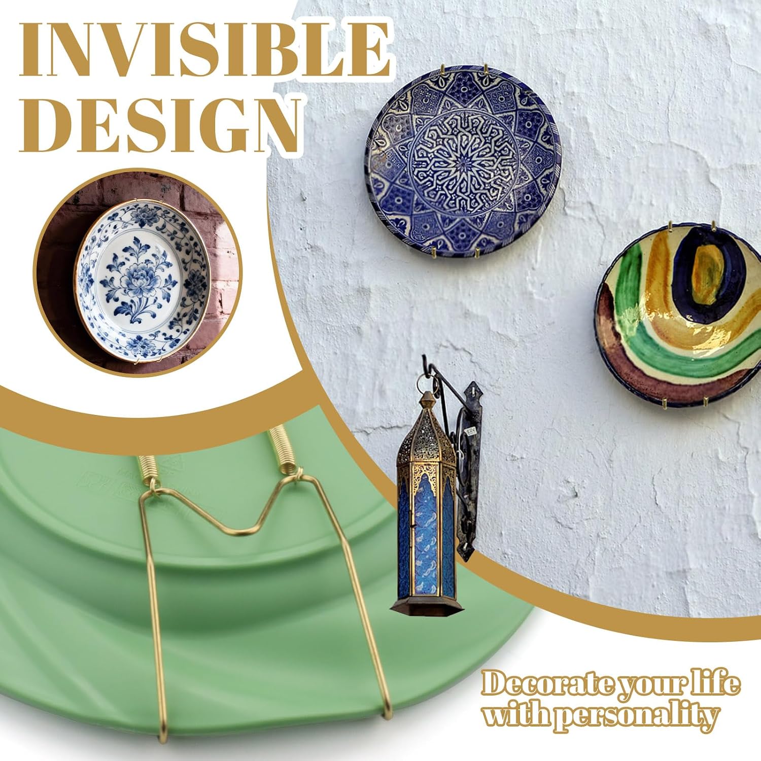 5 Pieces Copper Plate Hangers for The Wall with Hooks, 8 In Decorative Wall Plate Holder, Invisible Heavy Duty Wire Platter Hanger for Displaying Dish & Hanging Picture (Gold) (Gold)