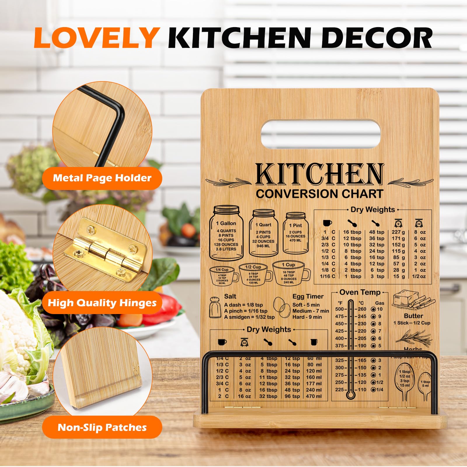 Supporto per libri di cucina in bambù per bancone della cucina, supporto per libro di ricette con tabella di conversione delle misurazioni, supporto regolabile per libri di cucina, accessori
