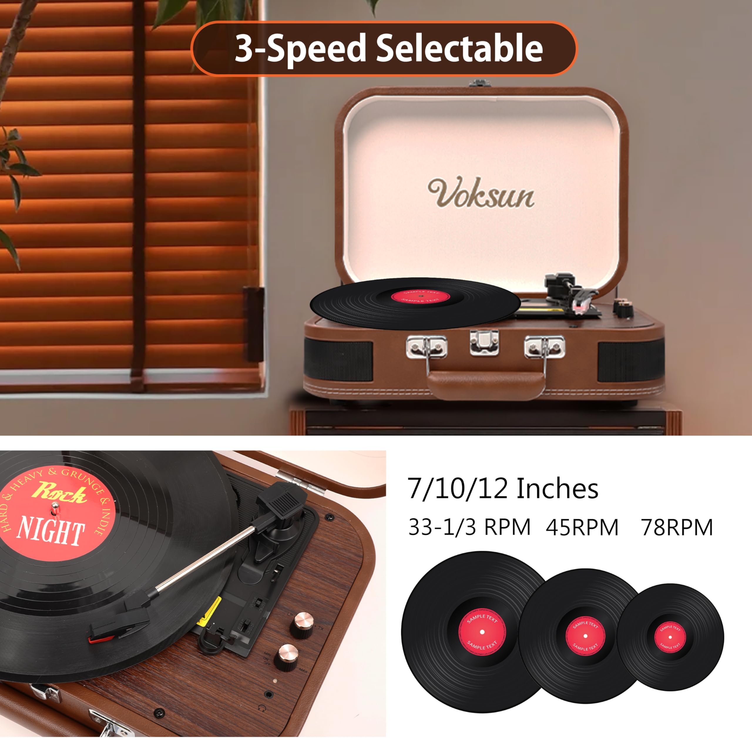 Giradischi Vinile, VOKSUN Giradischi Portatile Vintage con Altoparlanti Incorporati, Bluetooth In/Out Lettore LP Vinile 3 Velocità, Valigia USB, In AUX, Linea RCA, Jack Cuffie, Auto-Stop (Marrone)