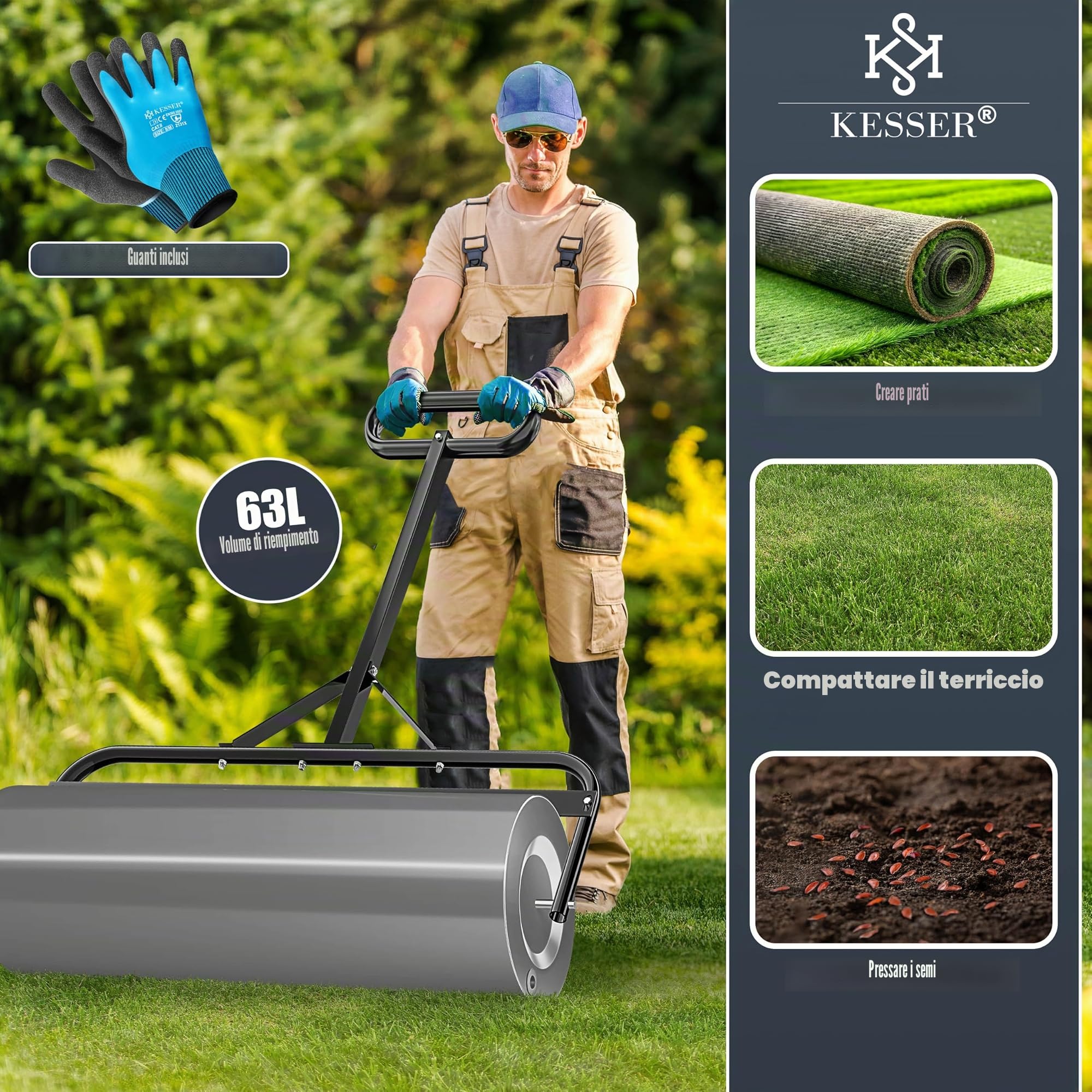 KESSER® Rullo per prato in metallo riempibile con acqua o sabbia, con 63 litri di volume e 99 cm di larghezza, rullo da giardino con guanti, rullo manuale per prato, rullo per prato, rullo da