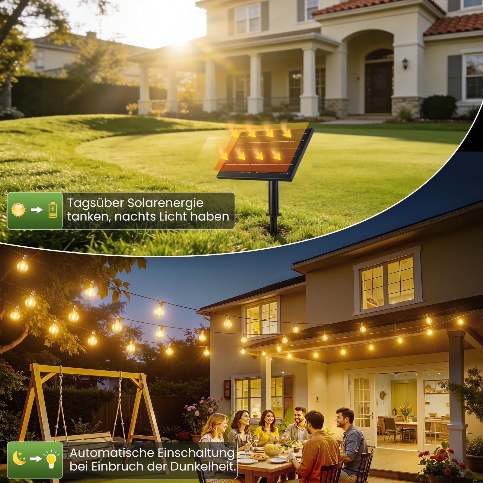 Yuusei Solar Lichterkette Outdoor, 30M Lichterkette Außen, IP65 Wasserdicht & 2700K Warmweiß, 50+2 G40 Dimmbar Aussen LED Glühbirnen Lights für Garten, Pavillon, Balkon, Camping, Party, Hochzei