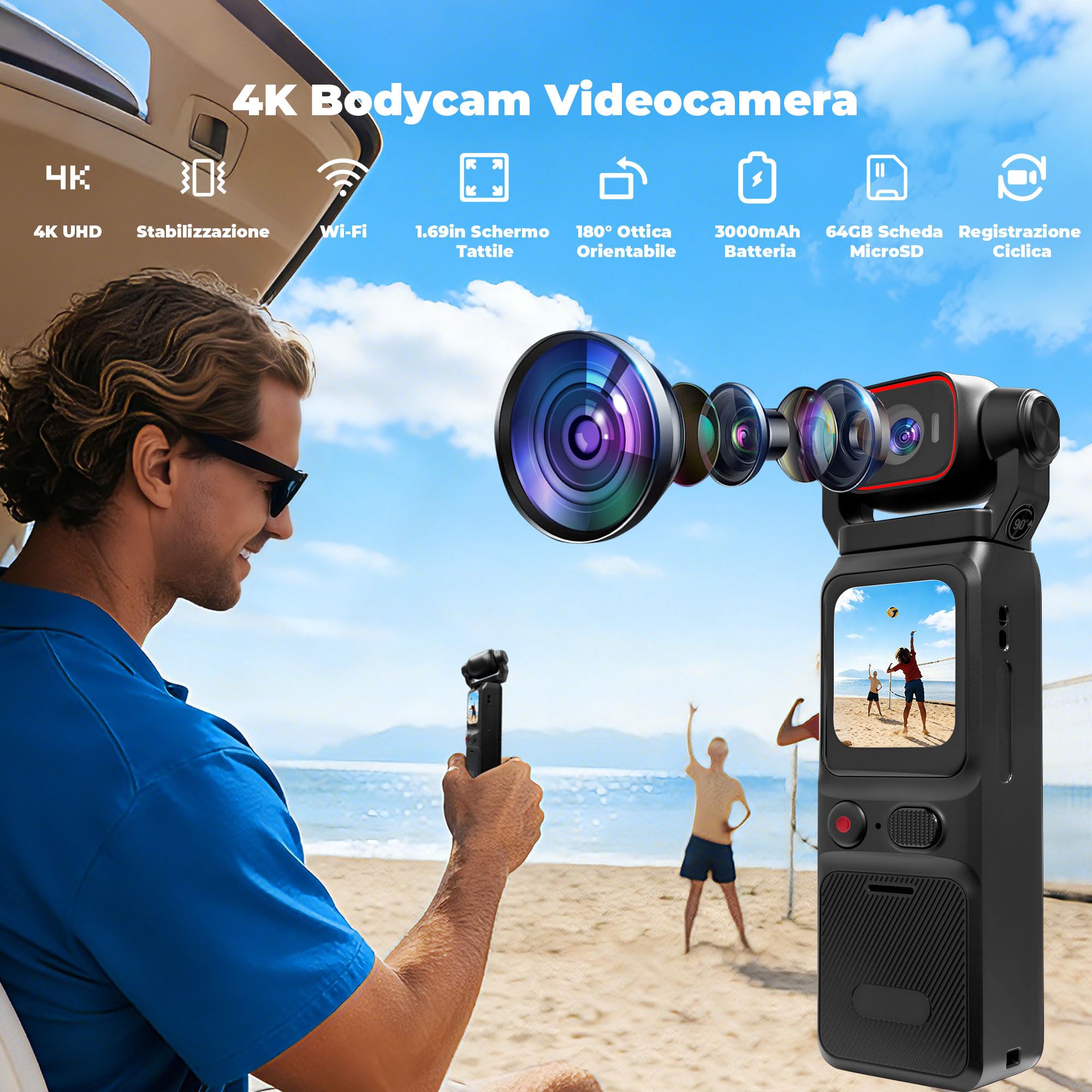Body Cam 4K, Vlog Camera con Stabilizzazione, Action Cam | Videocamera per Vlogging con Scheda SD da 64 GB, Multifunzione Fotocamera POV per Viaggi, Mini Telecamera Videocamera