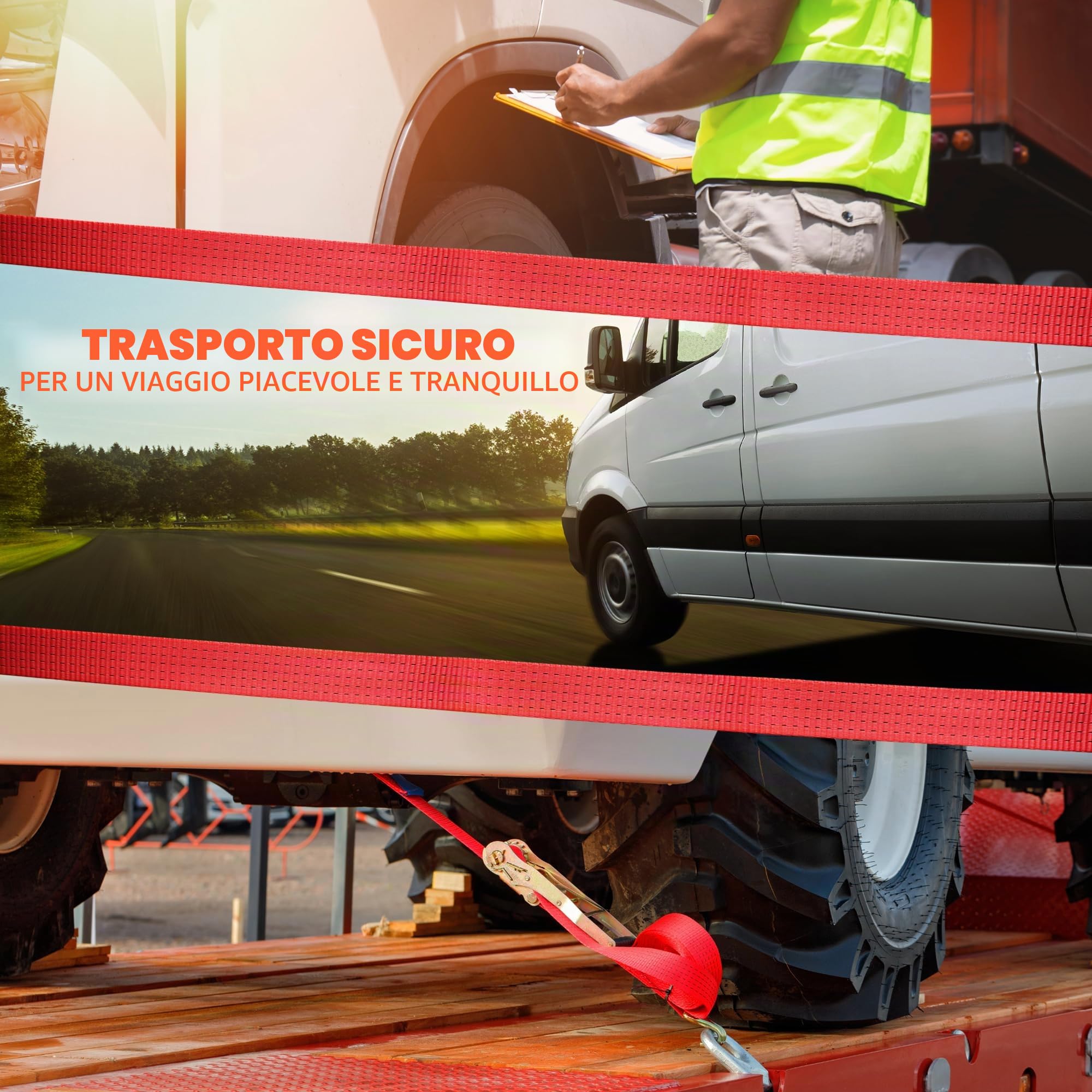 10 cinghie di ancoraggio con cricchetto ergonomico e gancio, 5000 kg, 8 m, 2 pezzi, per camion, TÜV/GS