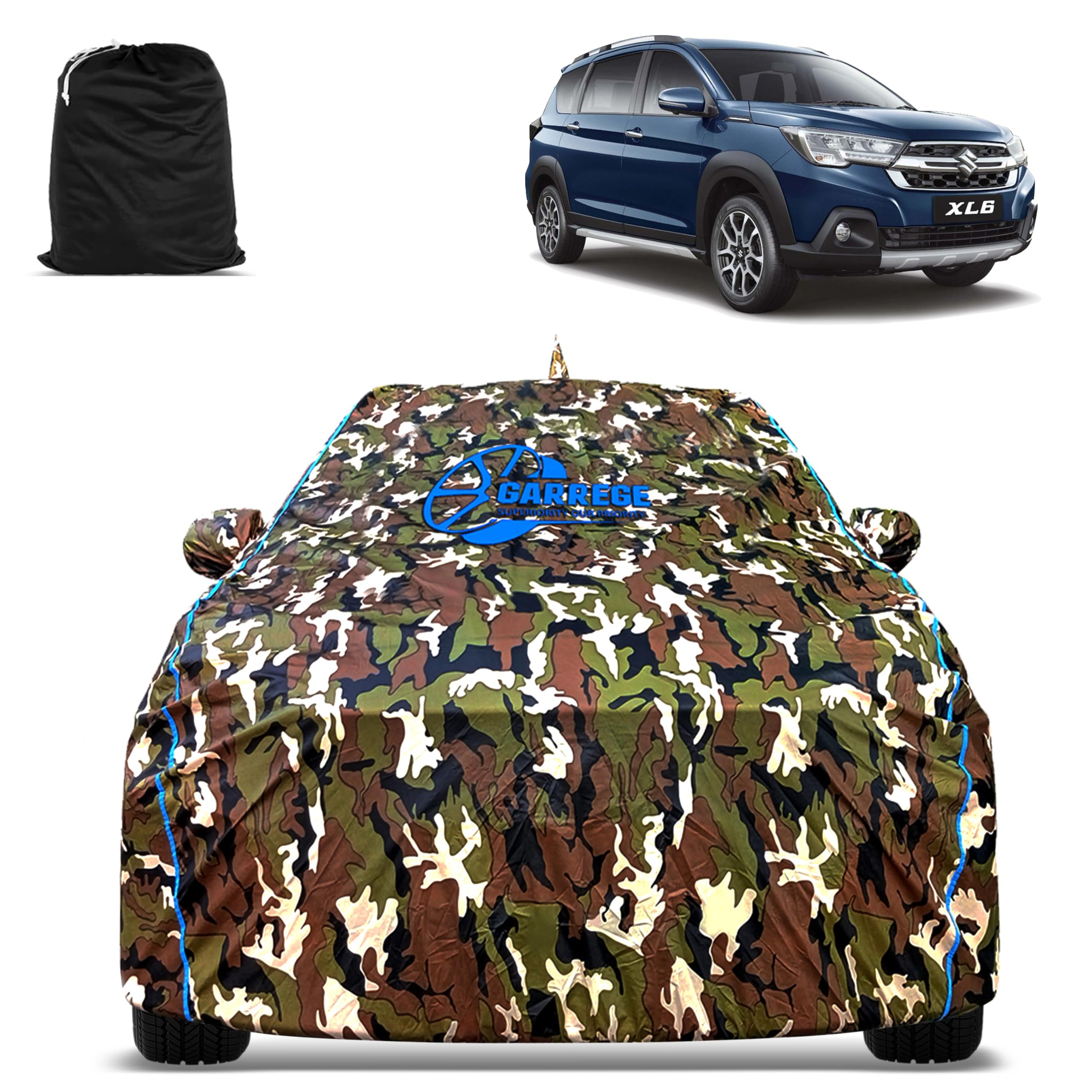 GARREGE® Maruti XL6 Car Body Cover Waterproof with Mirror and Antenna Pocket and Soft Cotton Lining (Full Bottom Elastic Triple Stitched) (Jungle Print with Blue Piping) Style-image-34
