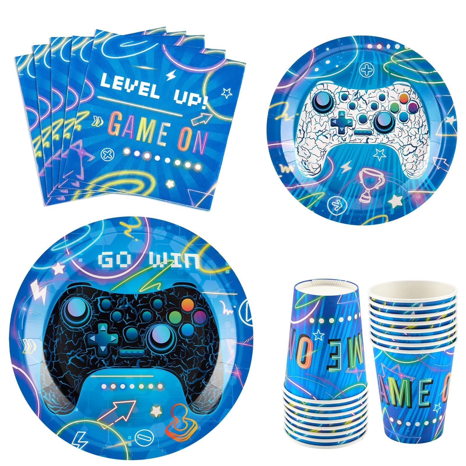 WERNNSAI Blue Video Game Party Paper Plates Cups Napkins - 64 PCS Gamer Birthday Party Decorations for Boys Gaming Night Tableware Set Dinner Dessert Plates Napkins Cups Serves 16 Guests