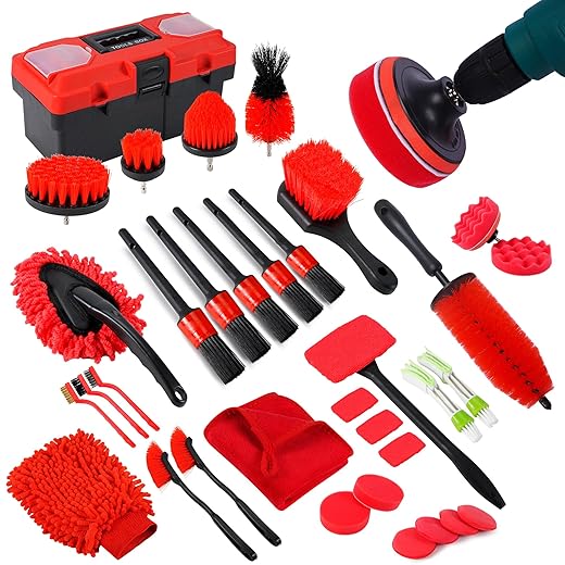 35Pcs Car Detailing Kit, Car Cleaning Kit with Windshield Cleaning Tool and Tool Box, Interior & Exterior Auto Care Supplies and Brushes (B:35PCS-R)