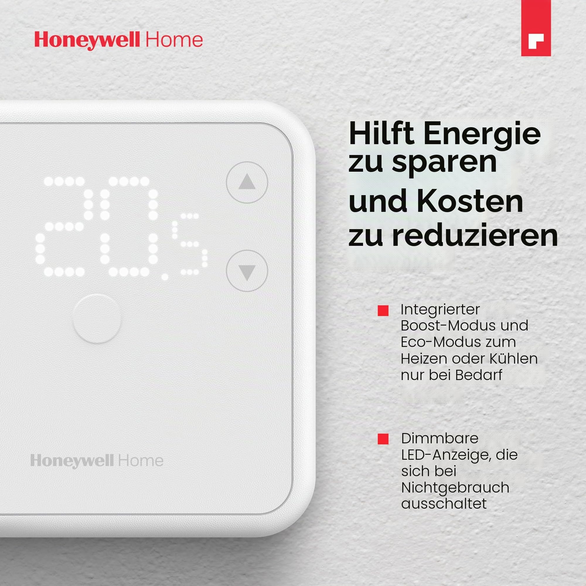 Honeywell Home Raumthermostat, leicht ablesbares, energieeffizientes Display auf LED-Basis, kabelgebunden, weiß