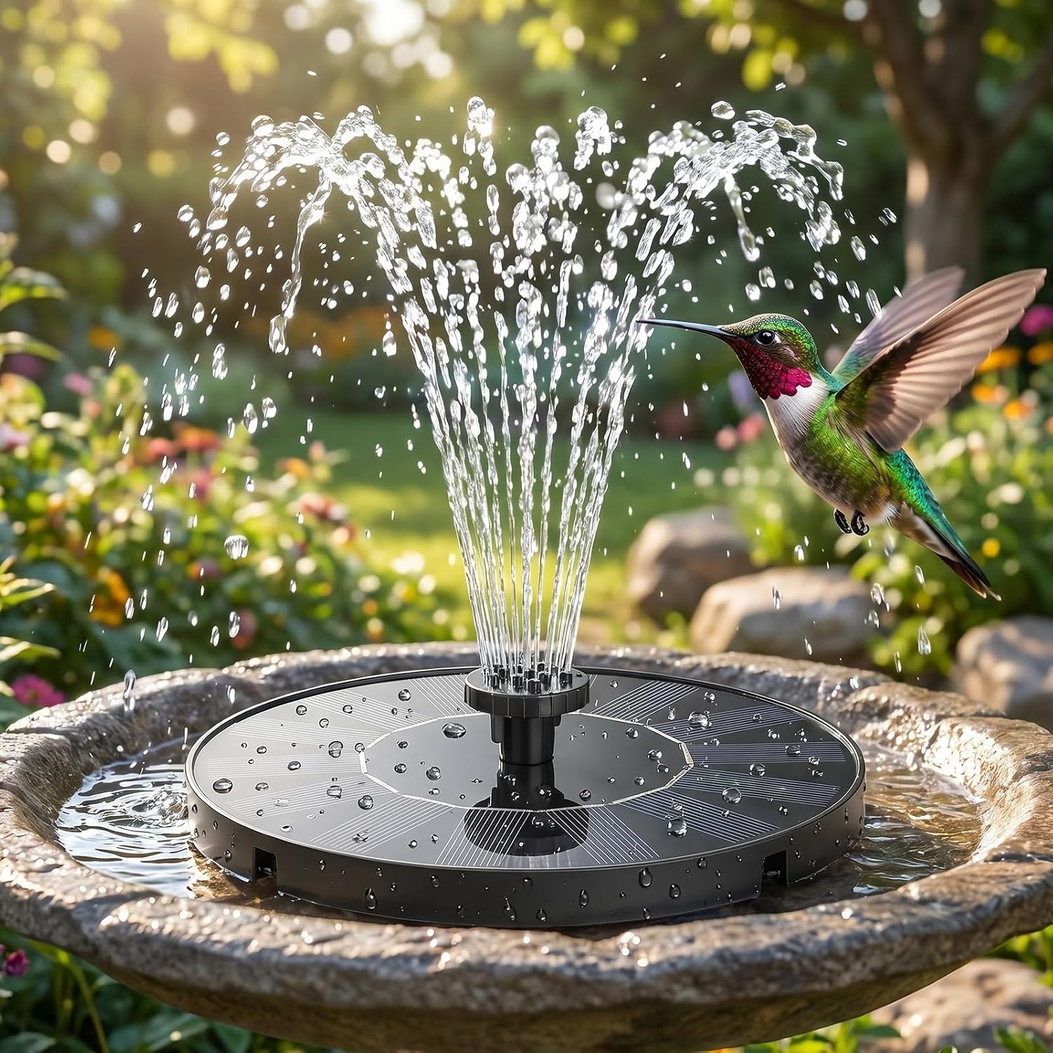 Solar Fountain for Bird Bath, 2026 Upgrade 1.4W Solar Water Fountain Pump with 7 Nozzles, 4 Fixed Pipes, Outdoor Standing Floating Solar Fountain for Garden, Ponds, Pool, Fish Tank - 6.3 Inch