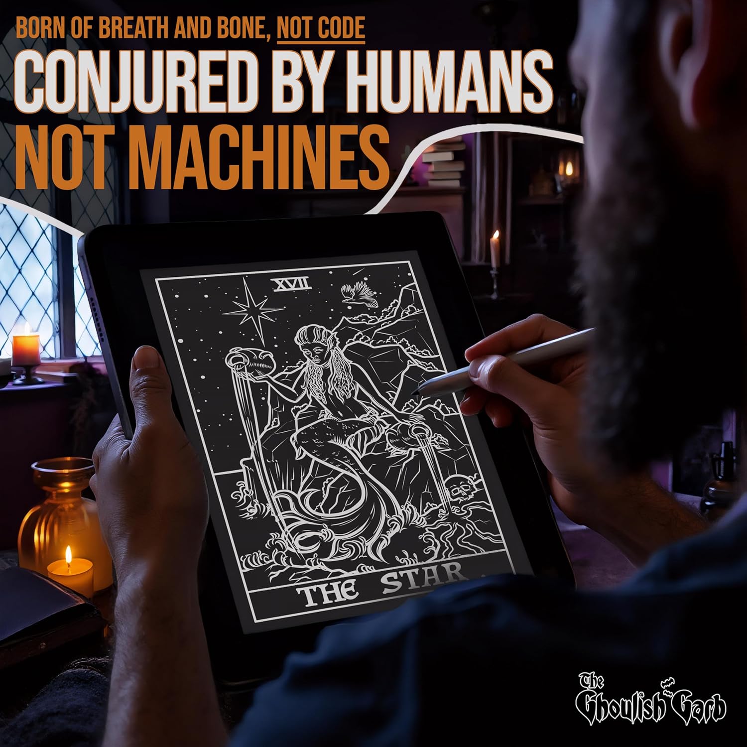 The Star Tarot Card Tapestry (Black & White) - Spooky Siren Mermaid - Gothic Halloween Home Decor Wall Hanging (80" x 68")