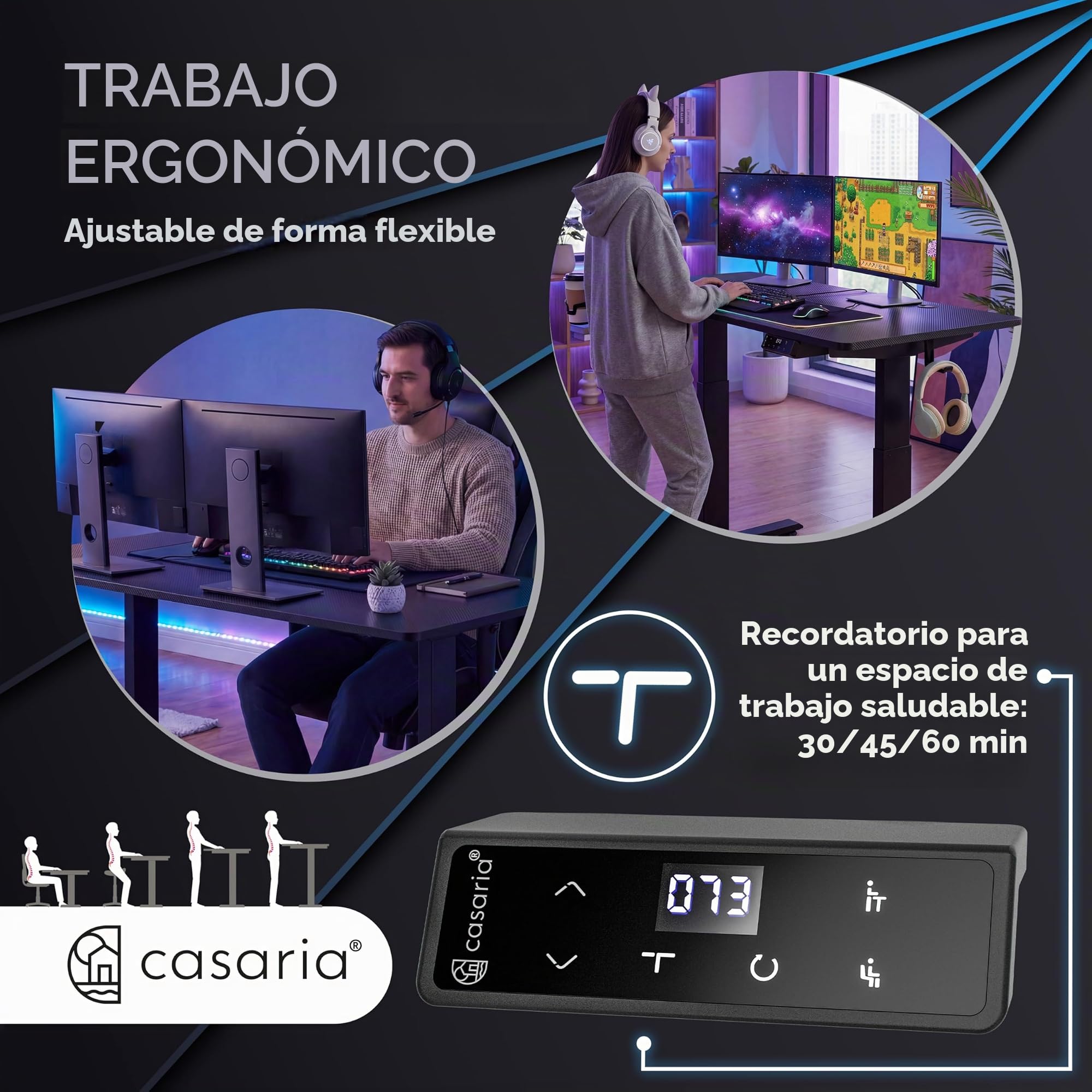 CASARIA Escritorio Gaming Eléctrico 140x70cm Altura Regulable LCD