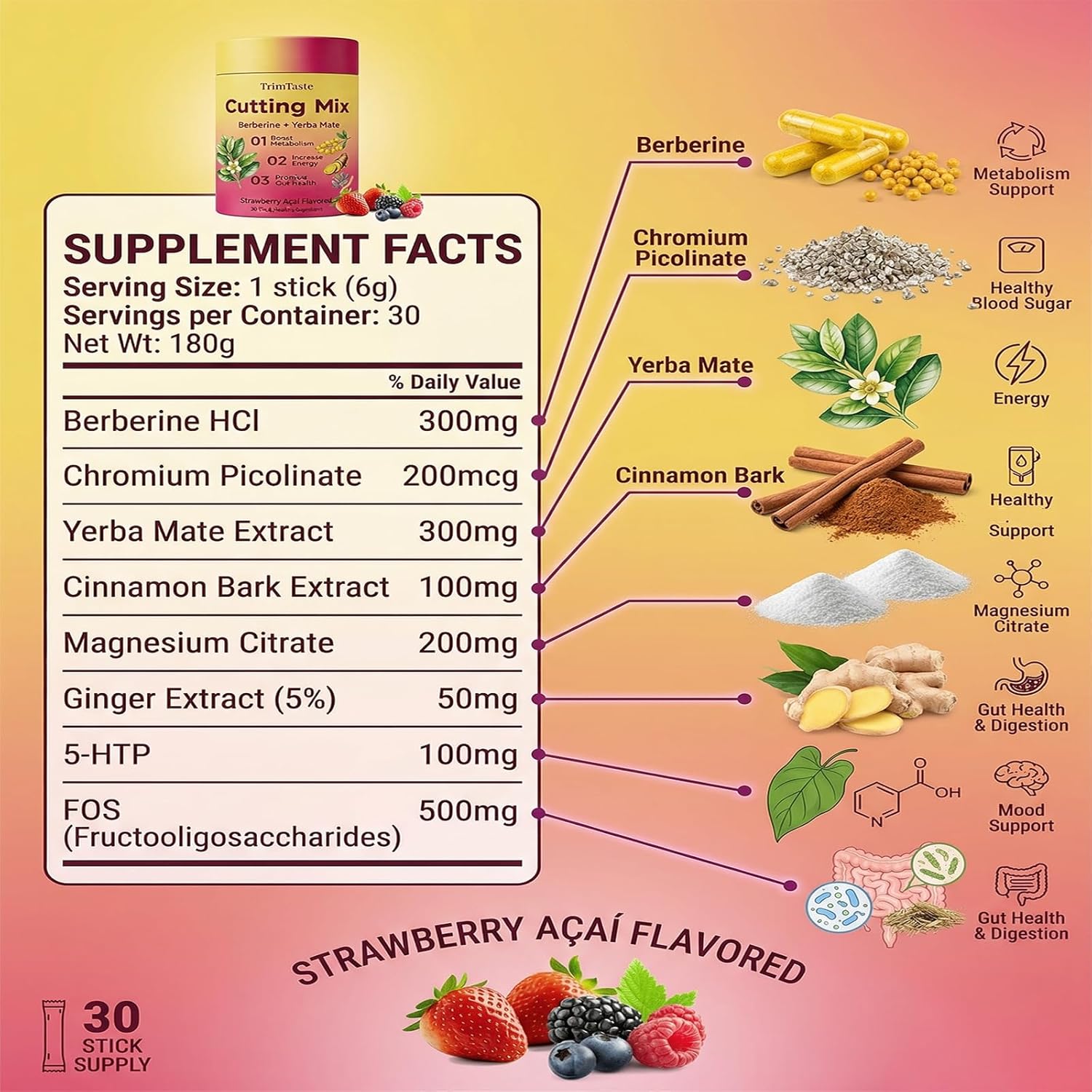 Trim Taste, Trimtaste Cutting Mix, Strawberry Açaí Flavor, 30 Servings