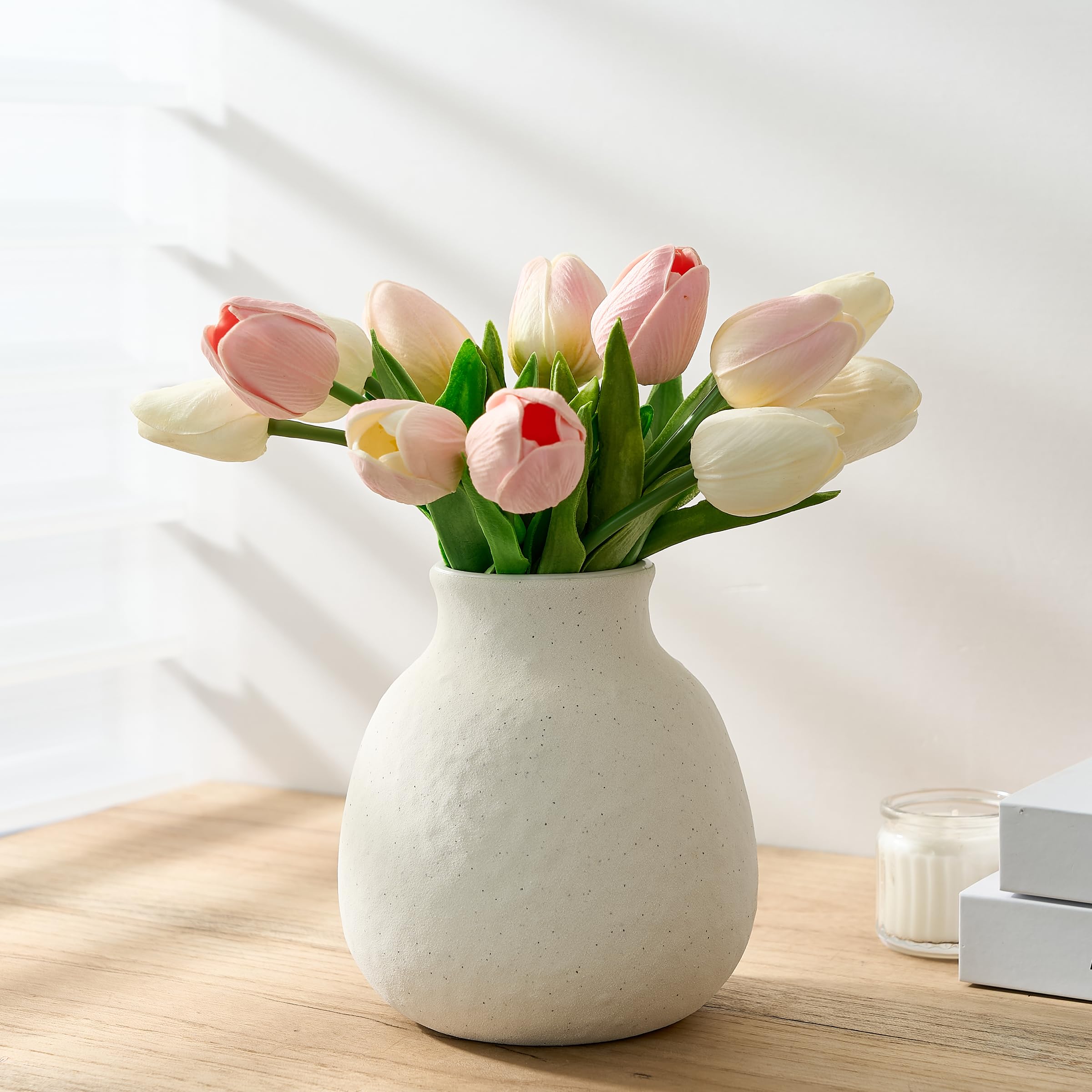 Ceramic Rustic Flower White Vase, 5.8 Inch Cute Boho for Home Decor, Modern Farmhouse Terracotta Vase for Living Room, Office, Table, Shelf, Mantel Decoration