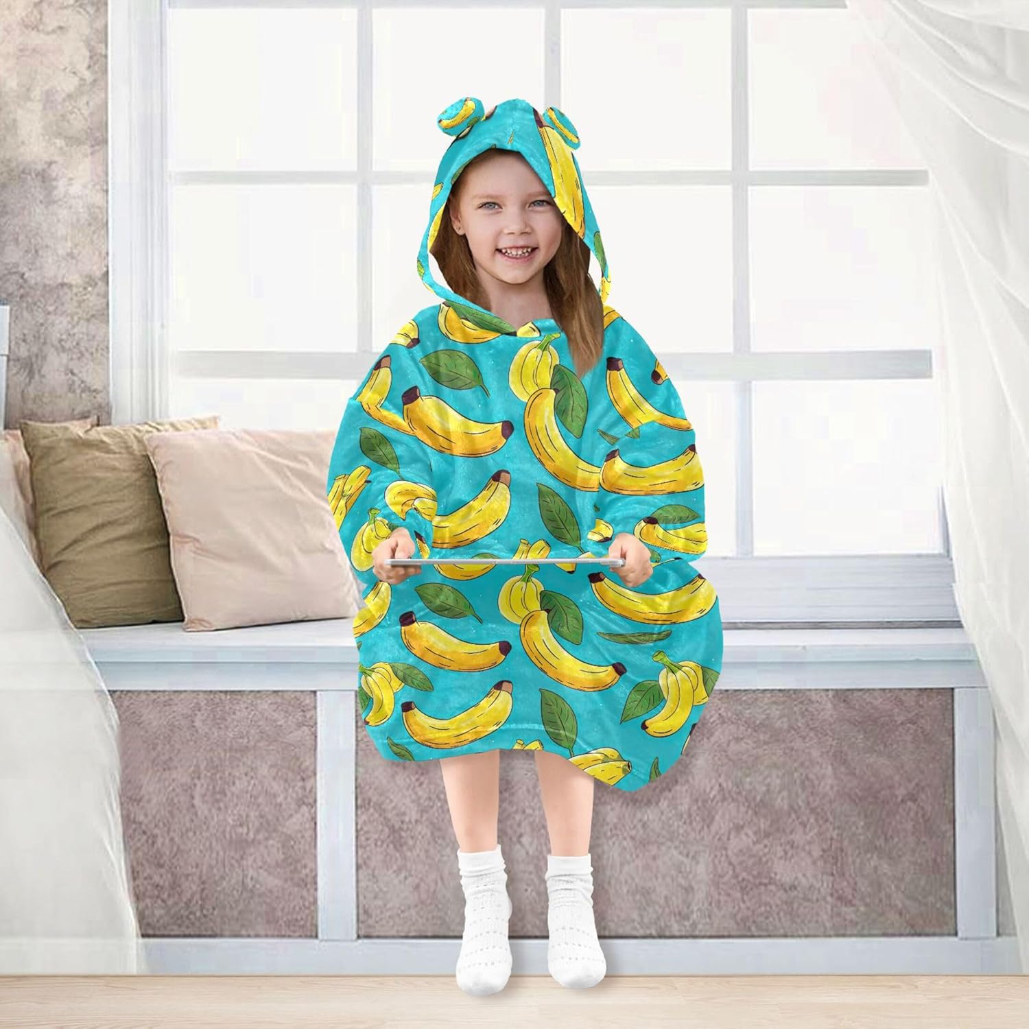 Banana Fruit Summer Kids Wearable Blanket Hoodie with Pocket and Sleeves for Toddlers, Cute Hoodies Girls B0403904