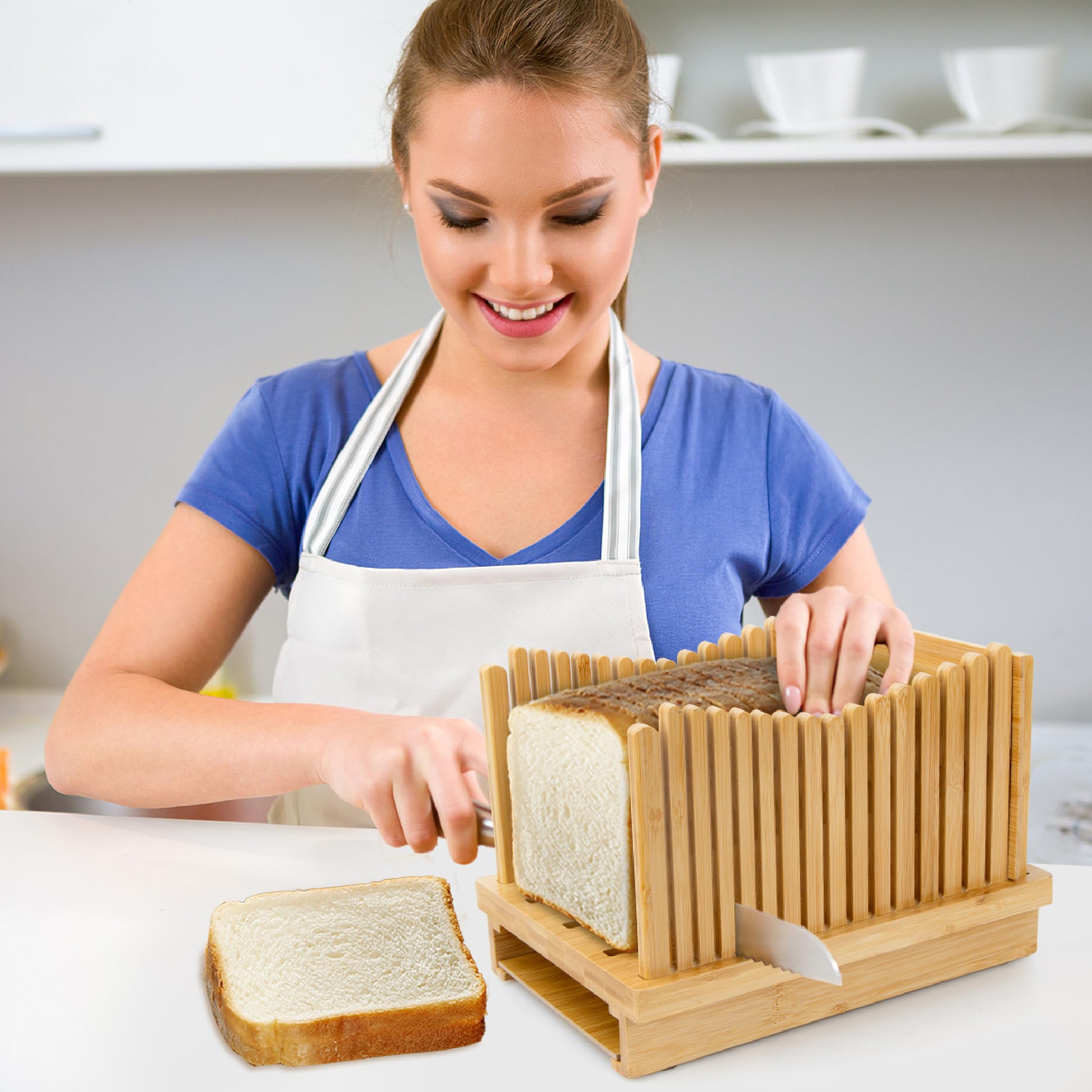 Weenkler Cortador de pan de bambú ajustable, cortador de pan para hacer pan casero en 3 grosores para pan, panecillos, panecillos