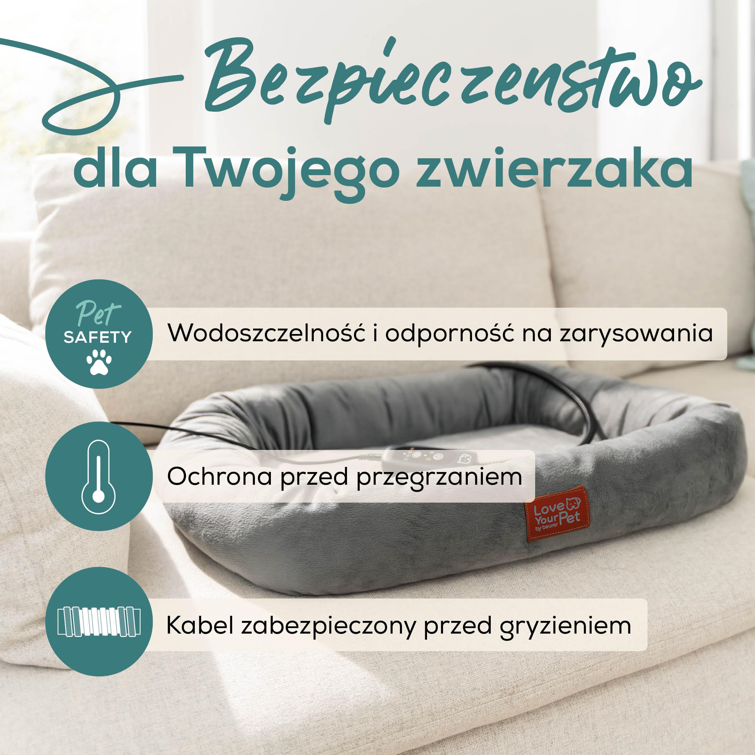 Beurer Love Your Pet Podgrzewane legowisko Kira dla psów i kotów, z timerem, przytulne legowisko dla kotów, możliwość prania w temperaturze 30°C, odporne na zadrapania i wodoodporne, 58 x 50 cm
