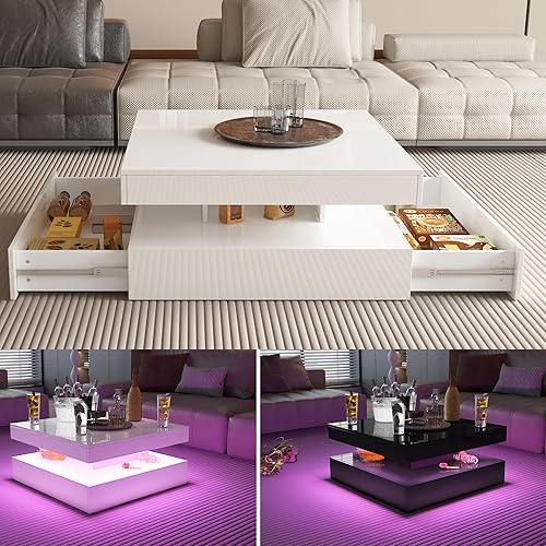 Miniatura 6 de Mesa de centro LED para sala de estar, mesa central moderna de 2 niveles cuadrada de madera de 31 pulgadas