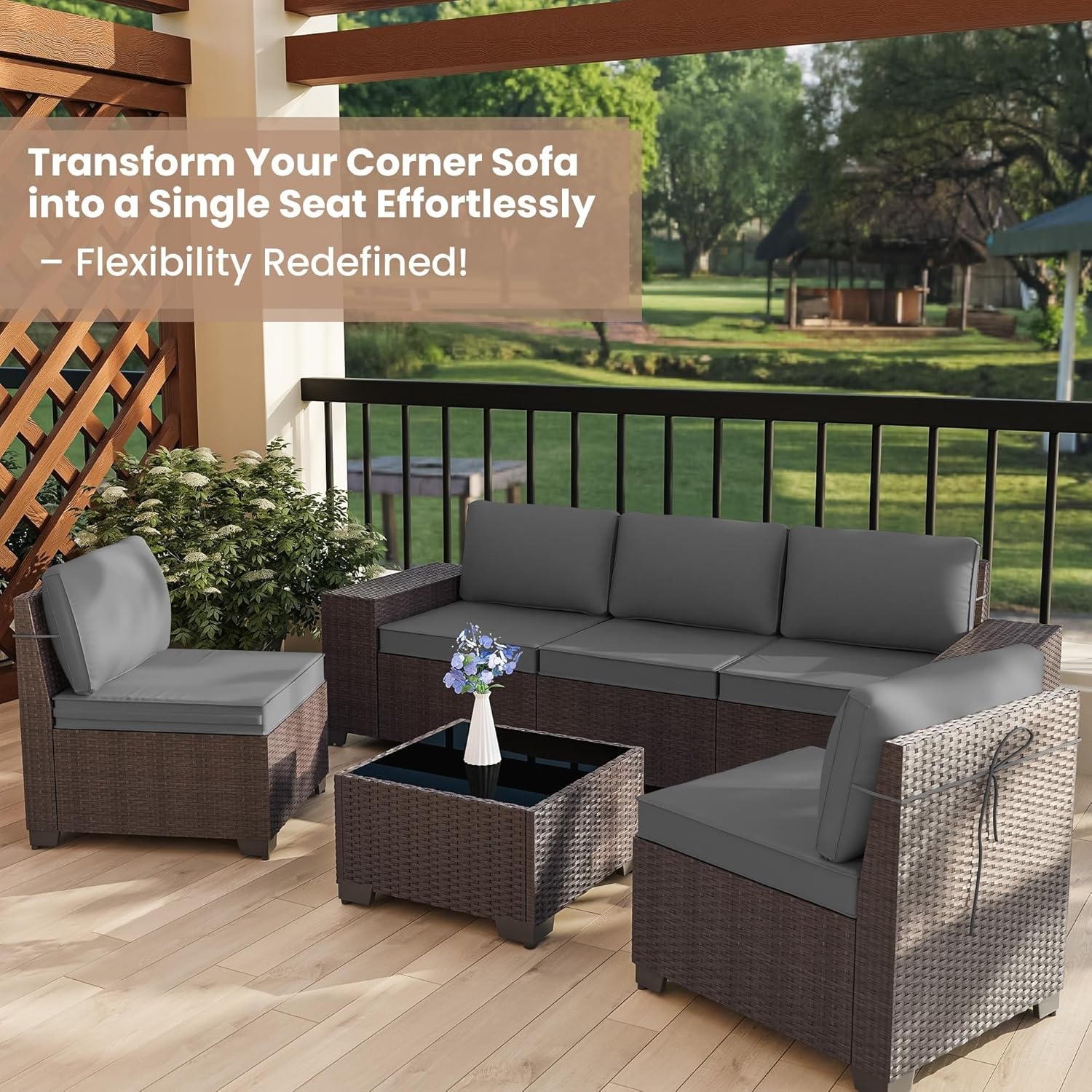 6 PCS Outdoor Patio Furniture Set All Weather PE Rattan Wicker Patio Conversation Sets with Coffee Table and 5 Thickened Cushions for Backyard Porch Balcony(Black)