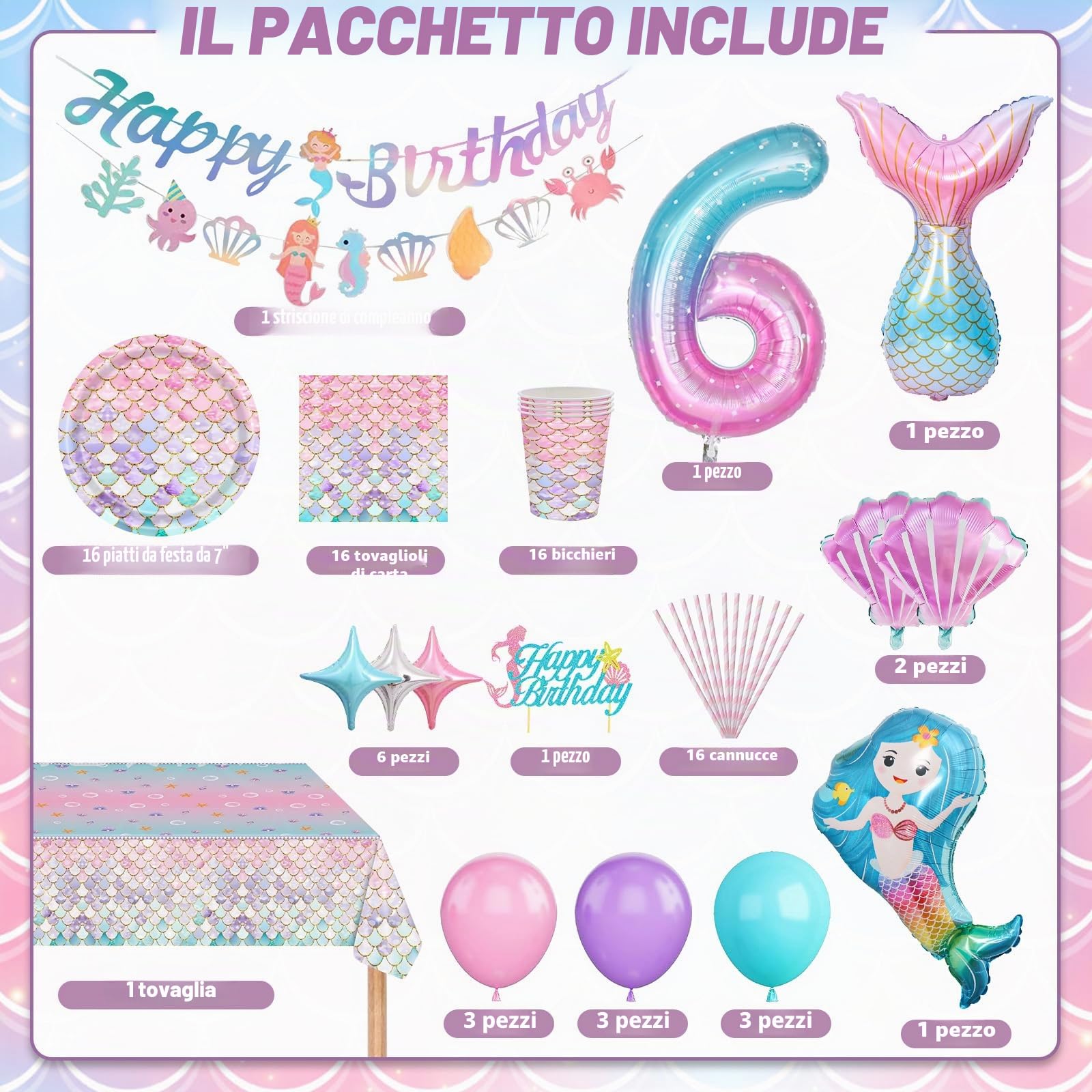 Sirenetta Compleanno Stoviglie per Feste, Sirenetta Palloncini Decorazioni Compleanno 6 Anni, Sirenetta Party Decoration con Palloncino per 6 Anni Ragazze Decorazione 16 Ospiti
