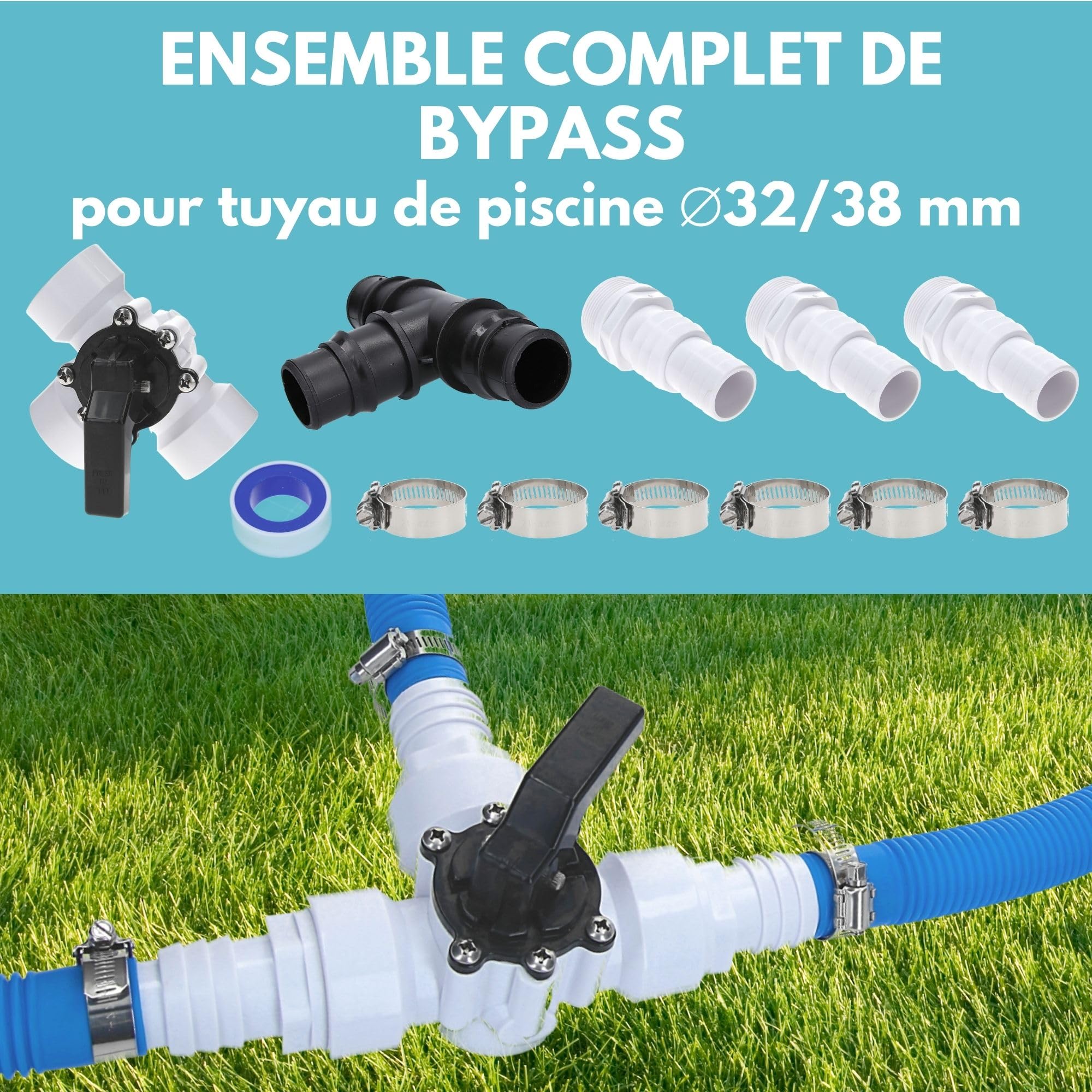 Amapool Kit bypass piscine 38 mm complet  avec vanne 3 voies et kit de  raccordement  pour chauffage de piscine et filtre  sable  systme de  tuyaux 32/38 mm : Amazon.fr: Jardin