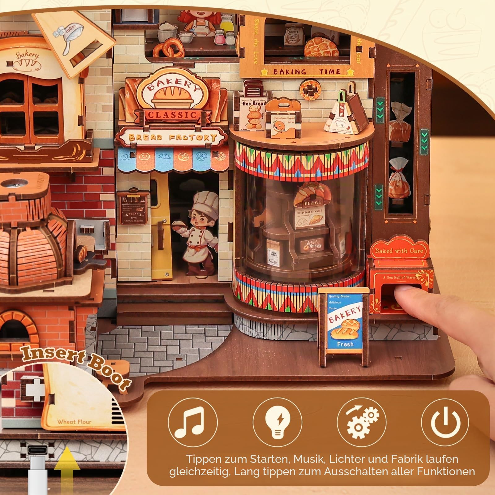 Cutefun 3D Holzpuzzle Modellbausatz – 572-teiliges Book Nook Bausatz für Erwachsene – Maßstabsgetreues Modell mit Musik, LED-Licht – Brot-Thema Geschenkefabrik