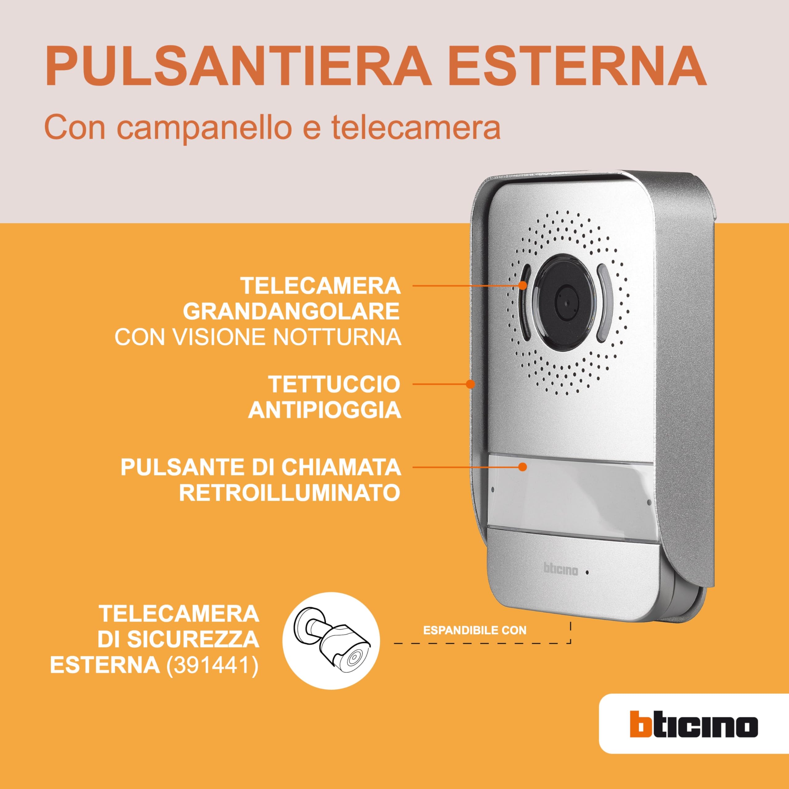 BTICINO 318913 Videocitofono Easykit Plus, Kit Monofamiliare Espandibile, Plug-In 2 Fili, Monitor 7" a Colori, Vivavoce, Visione Notturna, Audio Bidirezionale, Pulsantiera Esterna con Telecamera
