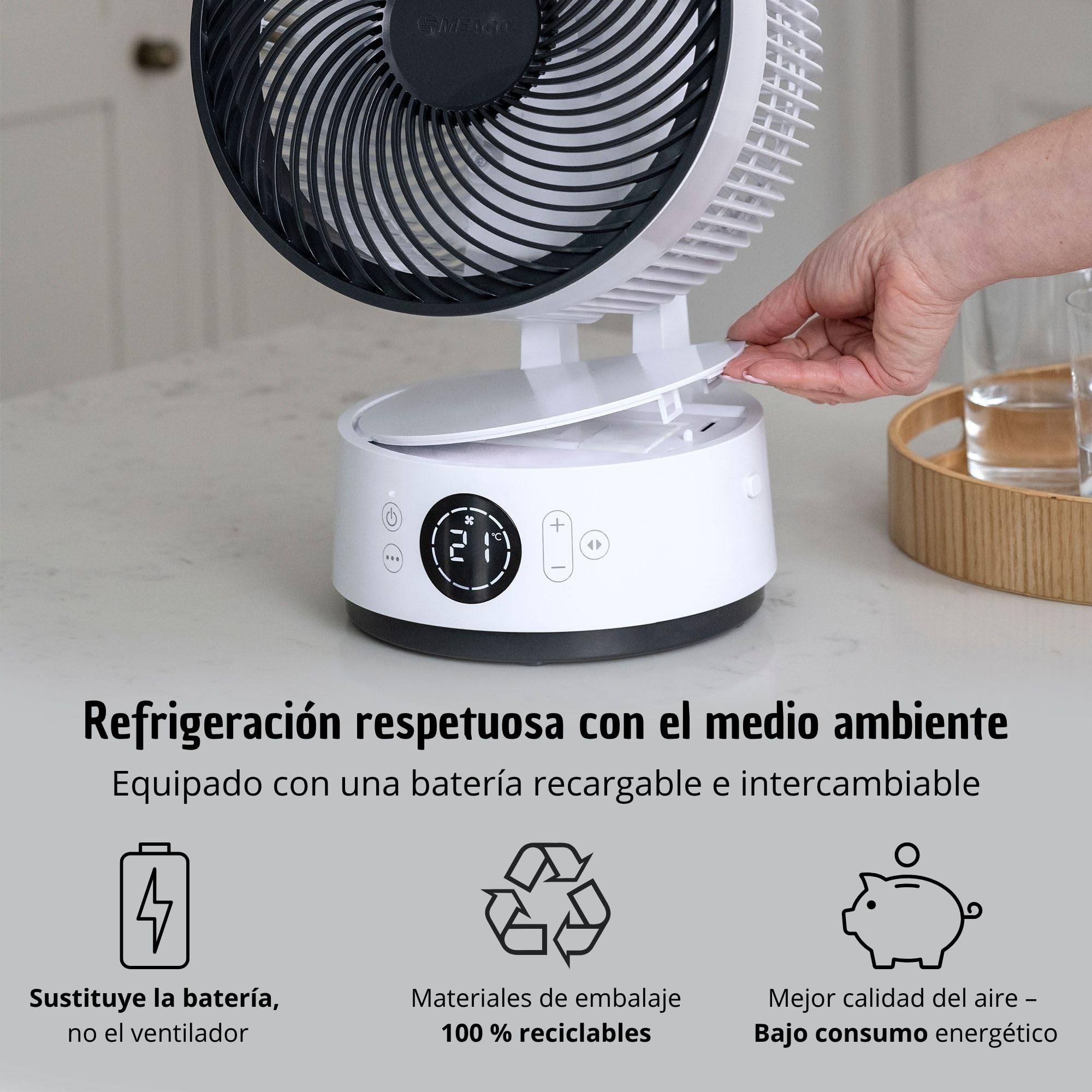 MeacoFan Sefte® 8", ventilador portátil con batería reemplazable, uso interior/exterior, silencioso, 12 velocidades, modo ECO inteligente, blanco compacto