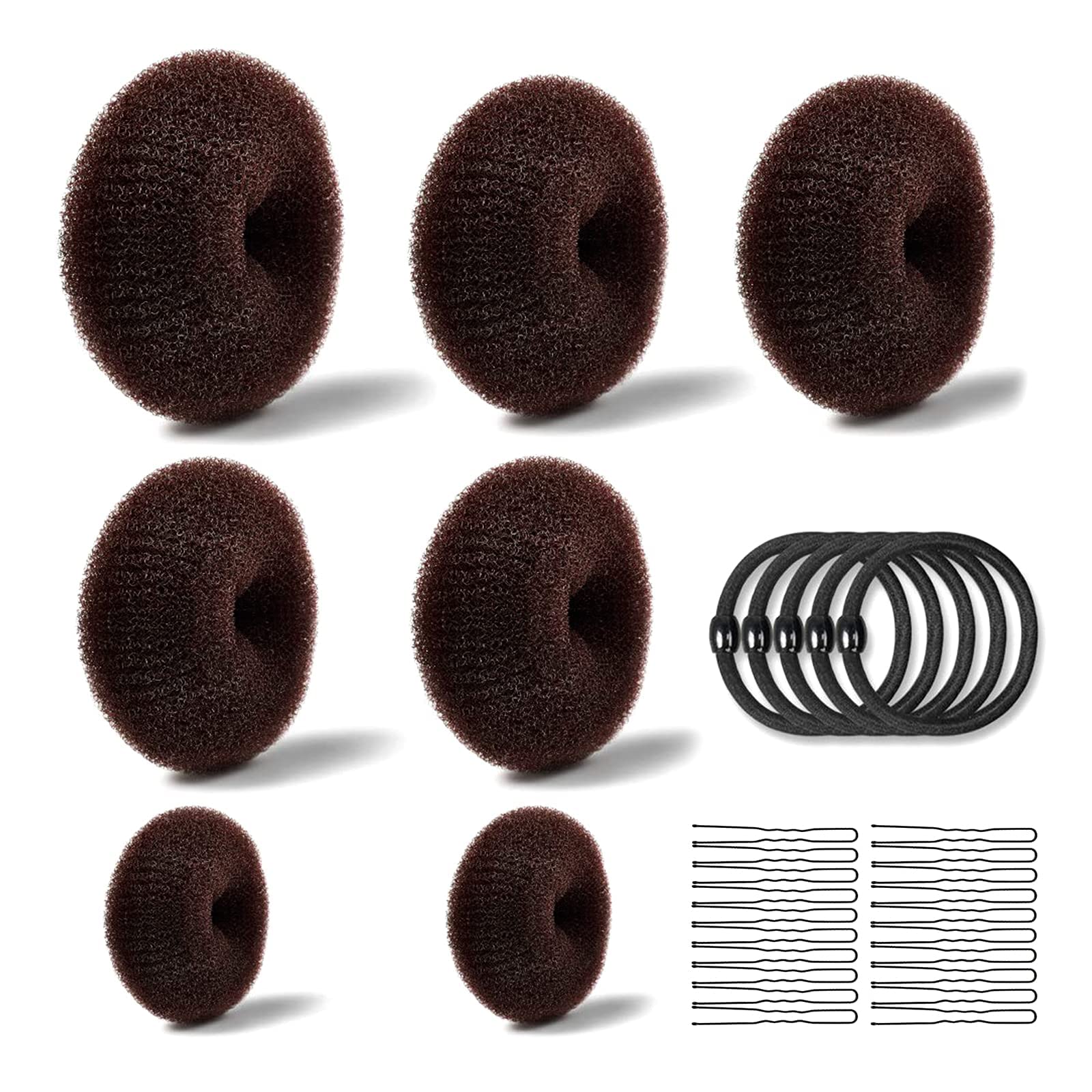Realizzare Chignon Set,7 pezzi Chignon a Ciambella(4 Dimensioni),10 Elastici per Capelli,20 Clip a Forma di U,Magic Hair Bun Maker,per Bambine e Donne(Brown)