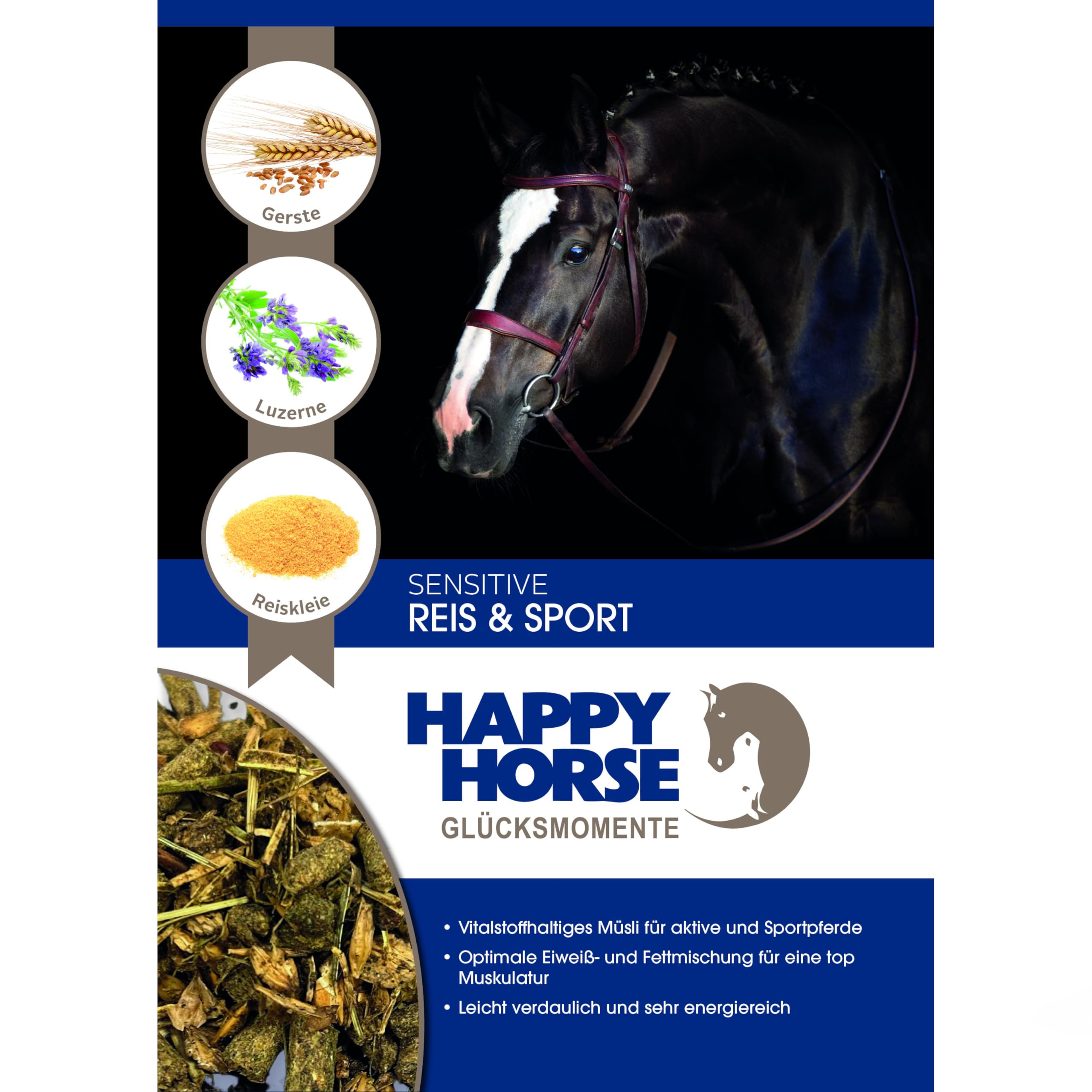 HAPPY HORSE Sensitive Reis & Sport 2 x 14 kg Vorteilspack – Pferdefutter zur Gewichtszunahme & Muskelaufbau - Getreidearm, Glutenfrei, Energie- & Vitalstoffreich - Made in Germany
