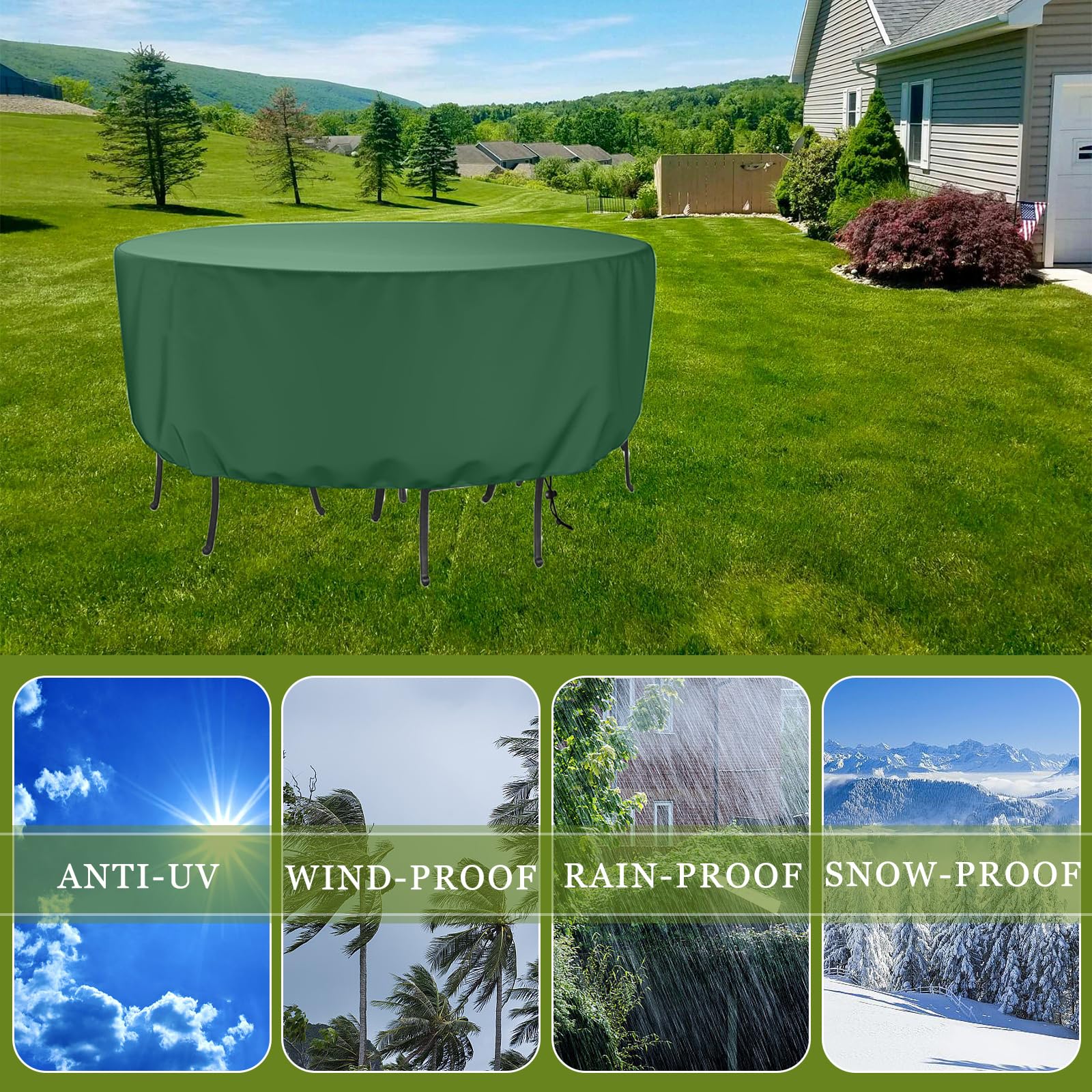 Coperture per Mobili da Giardino Rotondo, Copertura Tavolo Esterno, Copritavolo da giardino, 420D Oxford Copertura Protettive per Tavoli, Sedie e Divani da Esterno, 175x80cm, Verde