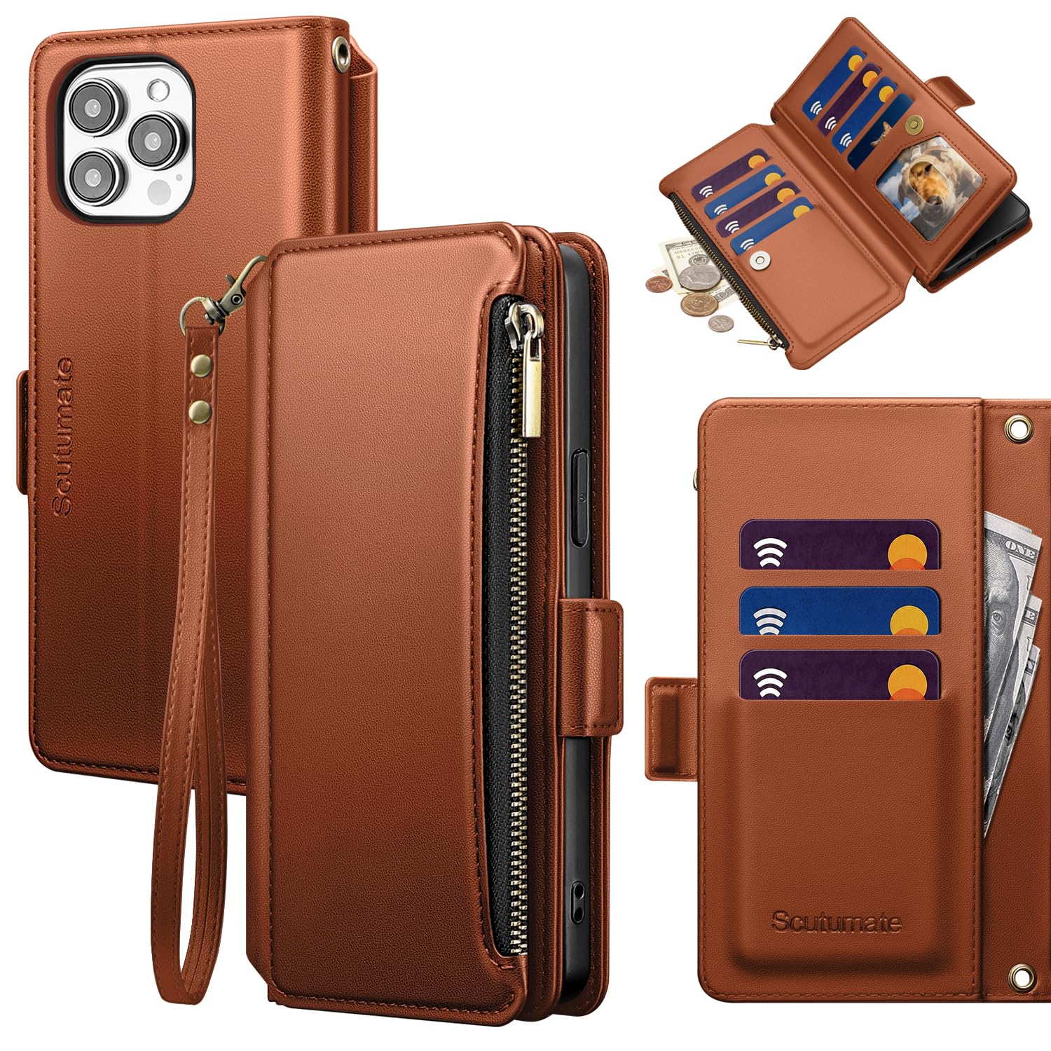 for iPhone 14 Pro Wallet Case with Card Holder,Light Brown