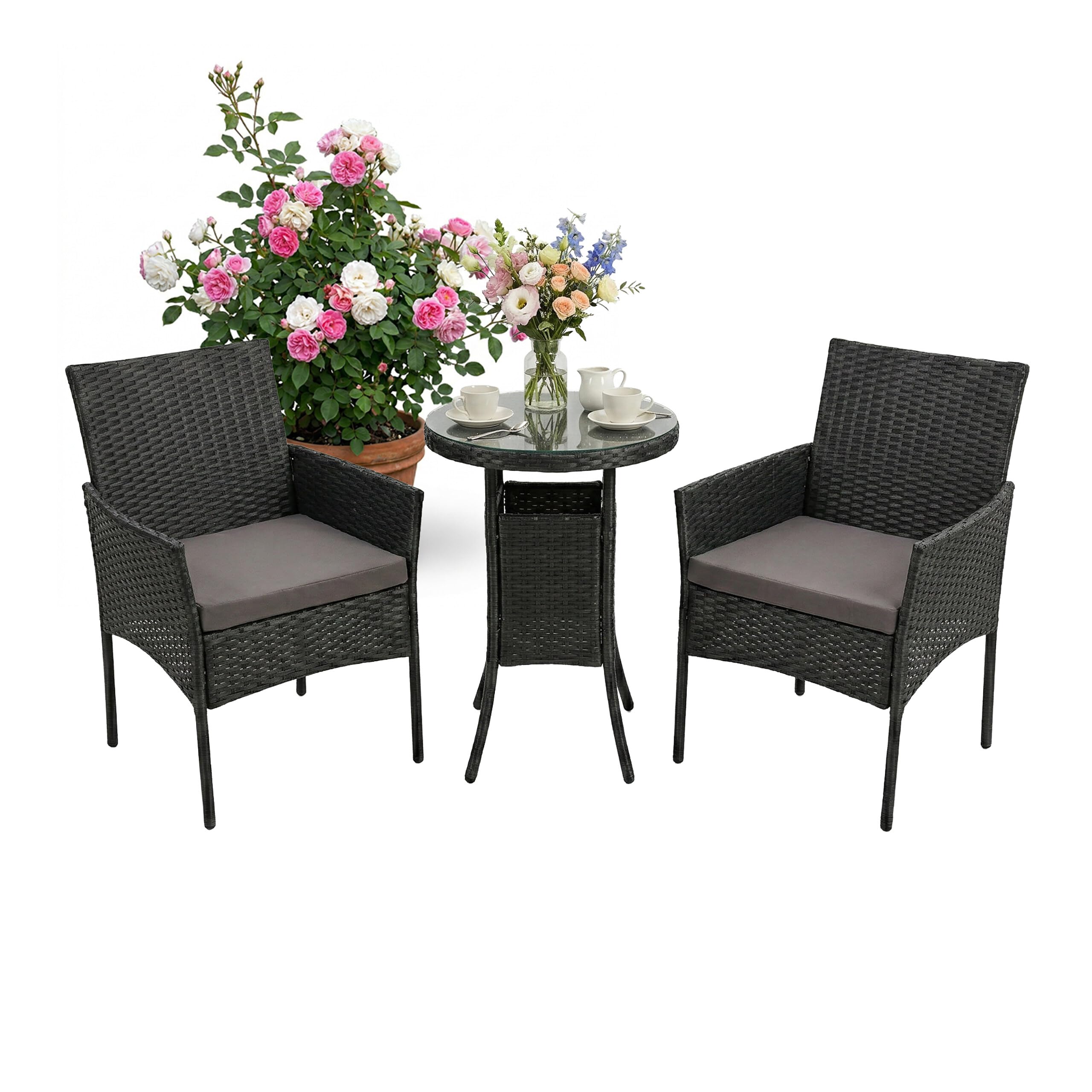 Relaxdays Ensemble Jardin 3 pcs, Salon résine tressée 2 pers., 2 fauteuils + Table Verre, extérieur, Noir