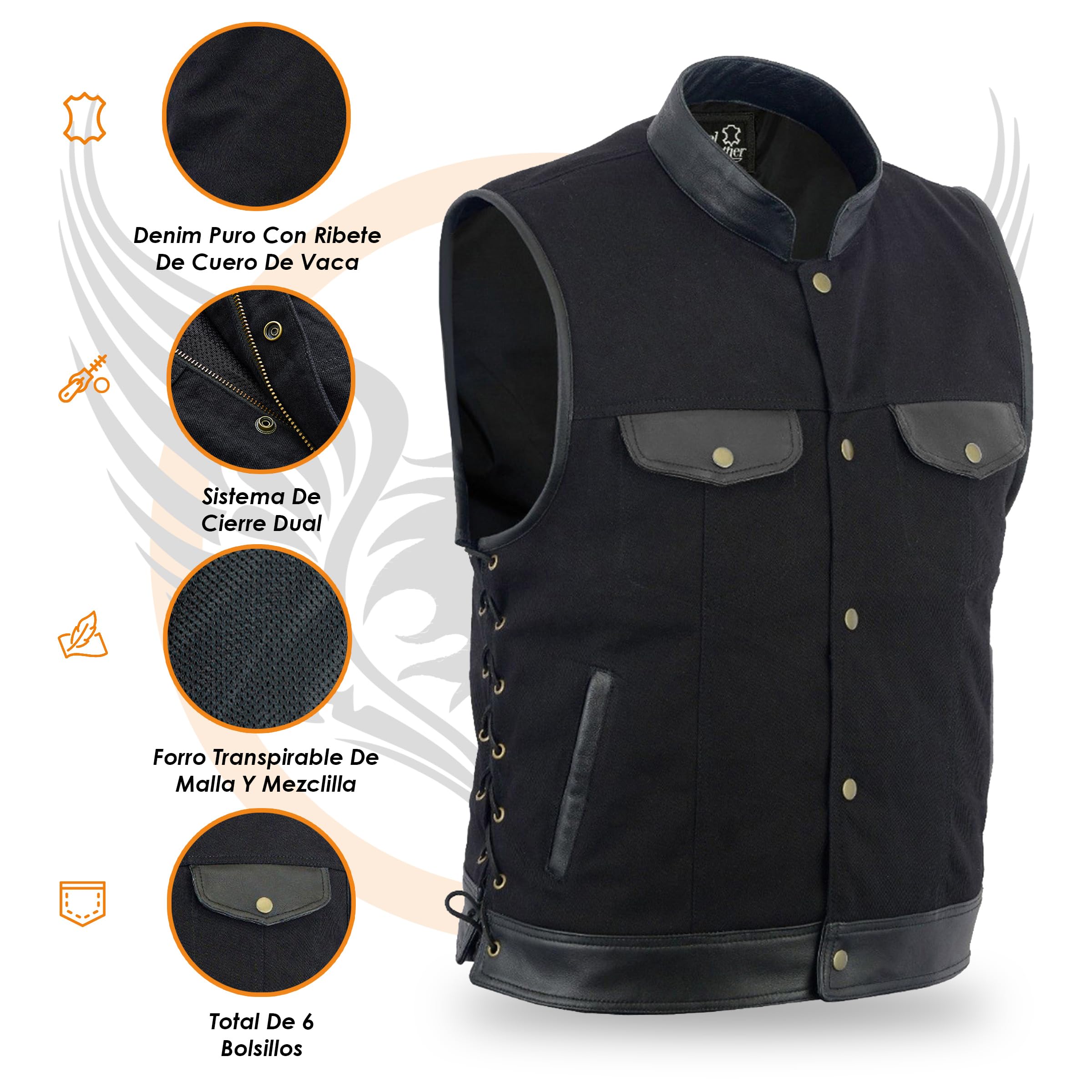 Leatherick Chaleco de hombre con ribete de cuero y denim estilo motero