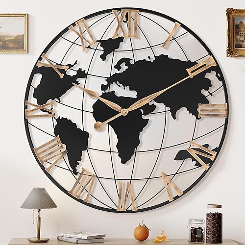 Miniatura 17 de Reloj de pared grande de 24 pulgadas, reloj decorativo moderno y silencioso de metal con mapa mundial para decoración de sala de estar, gran reloj